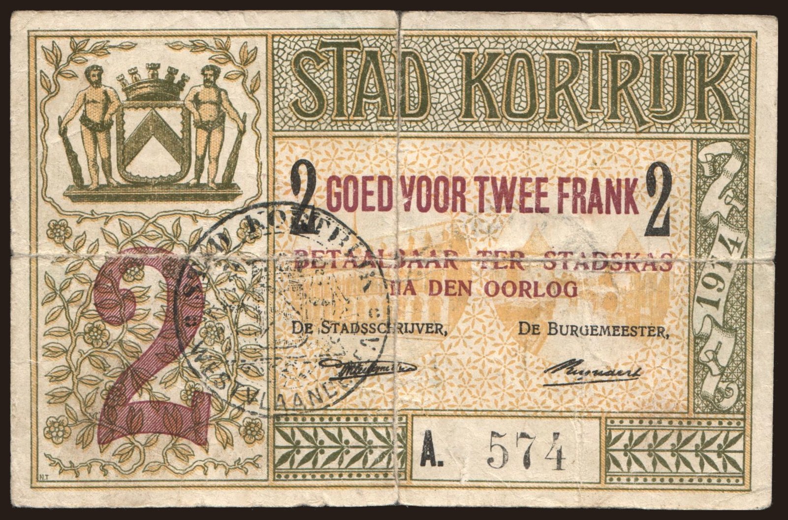 Kortrijk, 2 frank, 1914