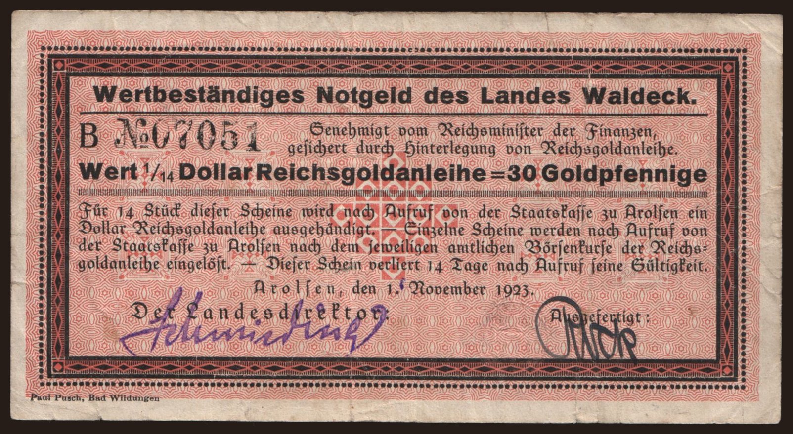 Arolsen/ Land Waldeck, 30 Goldpfennig, 1923