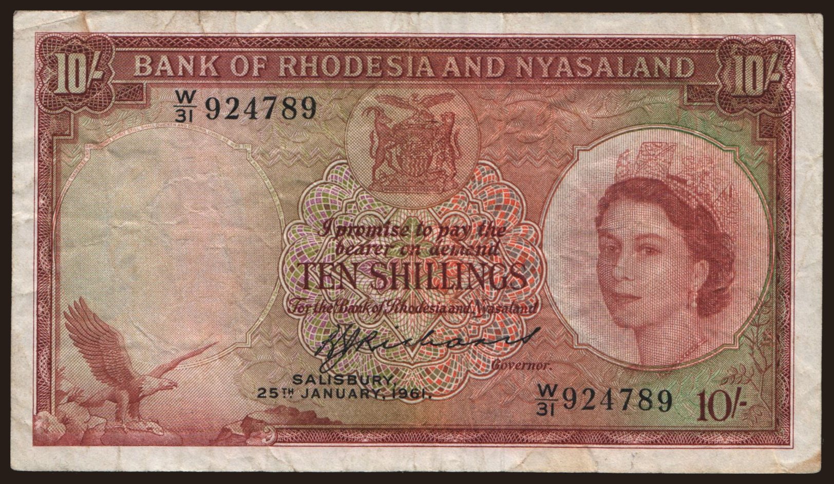 Rhodesia and Nyasaland, 10 shillings, 1961