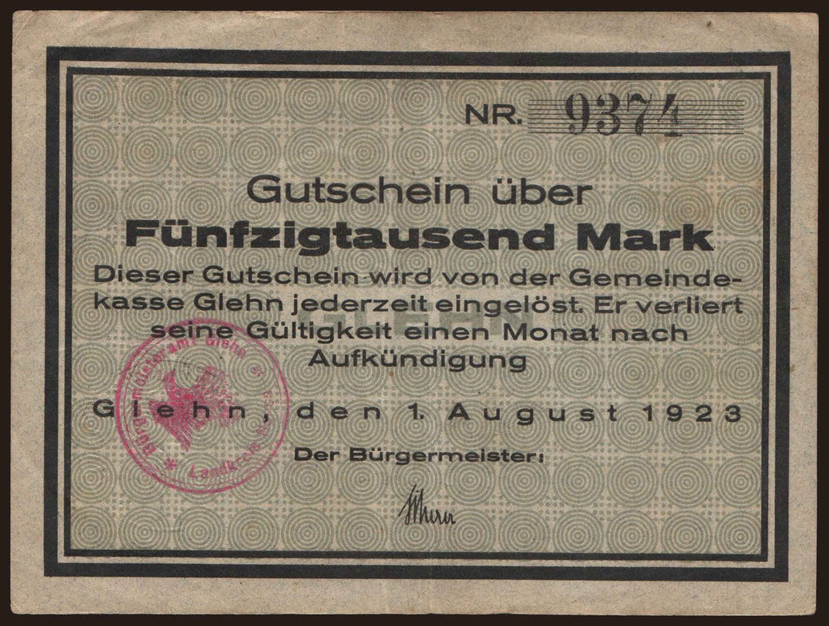 Glehn/ Gemeinde, 50.000 Mark, 1923
