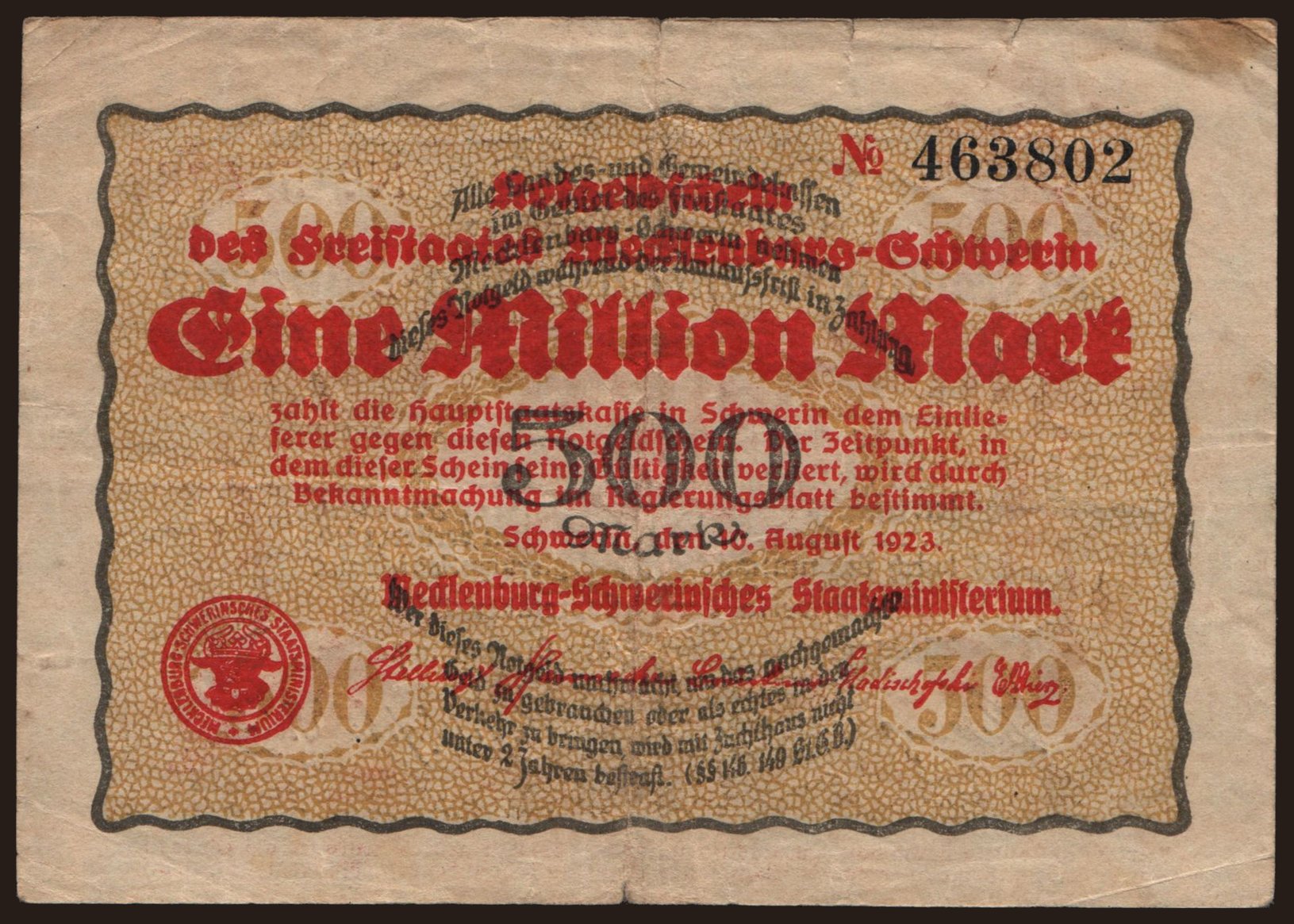 Schwerin/ Mecklenburg-Schwerinsches Staatsministerium, 1.000.000 Mark, 1923
