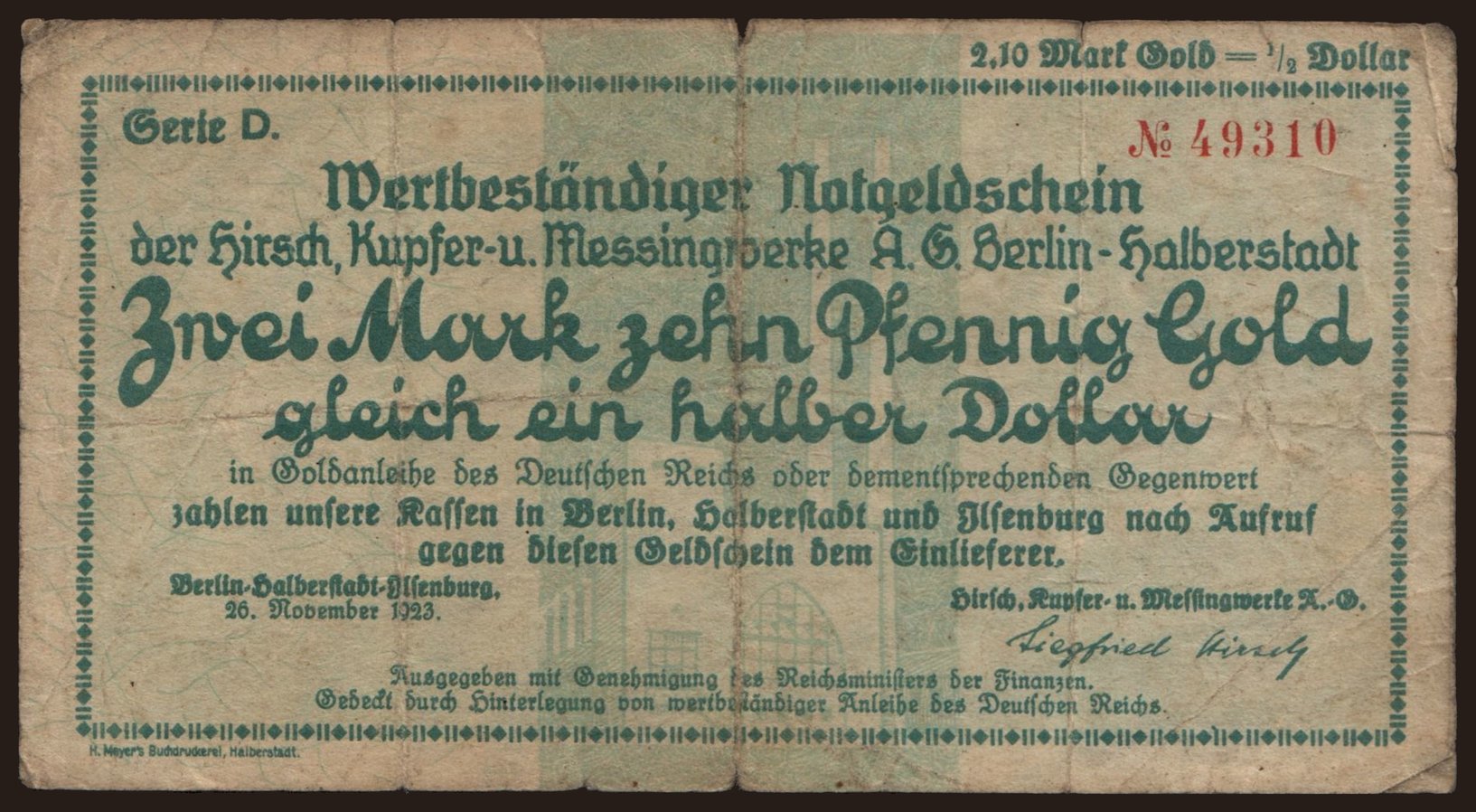 Berlin-Halberstadt-Ilsenburg/ Hirsch, Kupfer- und Messingwerke AG Berlin-Halberstadt, 2.10 Mark Gold, 1923