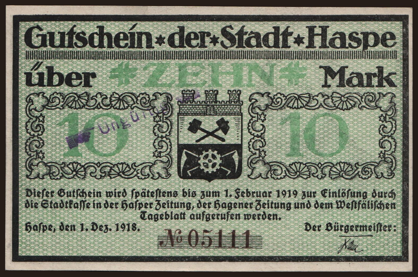 Haspe/ Stadt, 10 Mark, 1918
