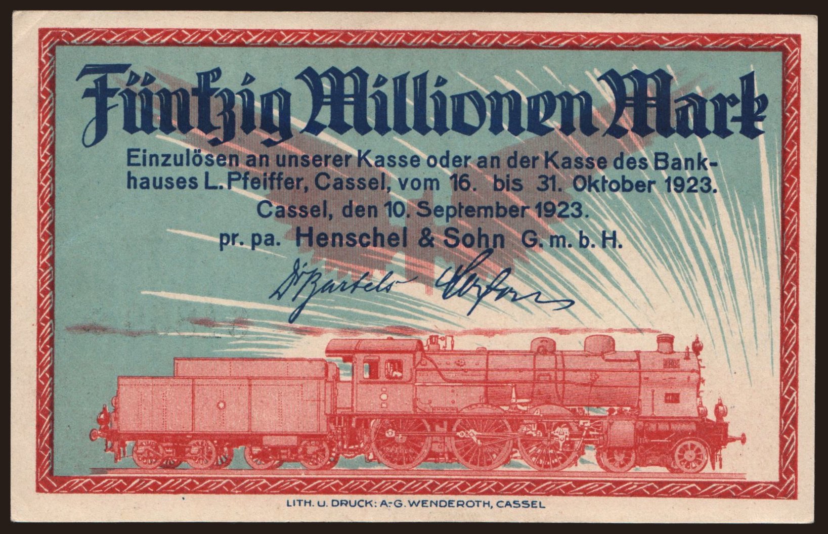 Cassel/ Henschel & Sohn G.m.b.H., 50.000.000 Mark, 1923