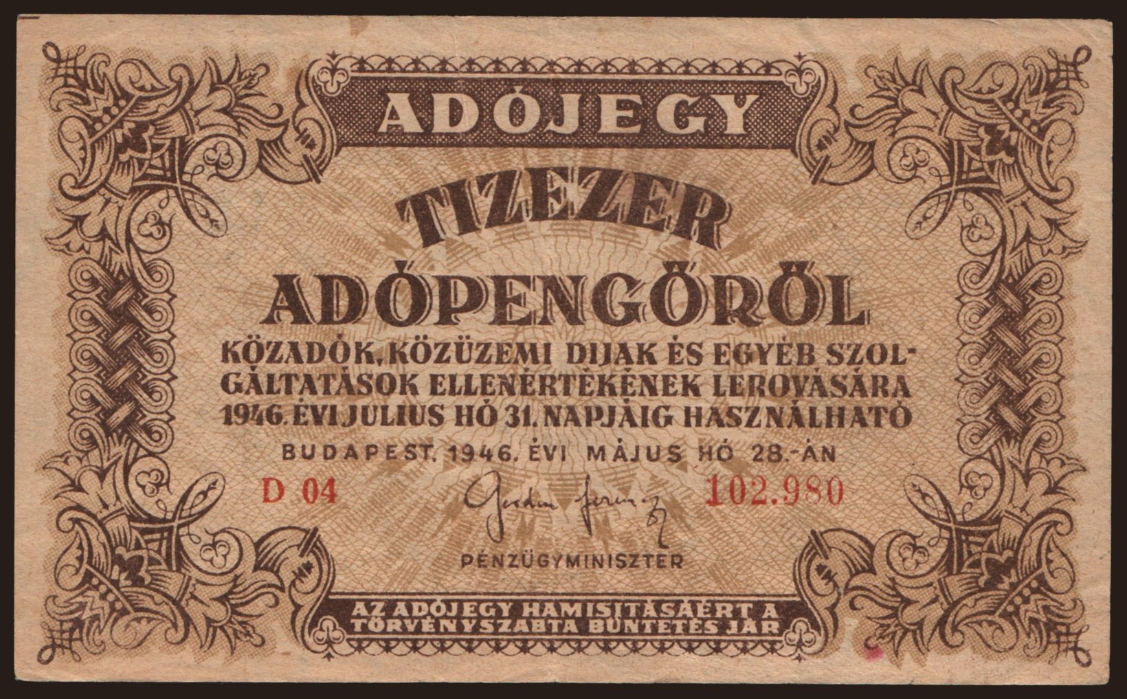 10.000 adópengő, 1946