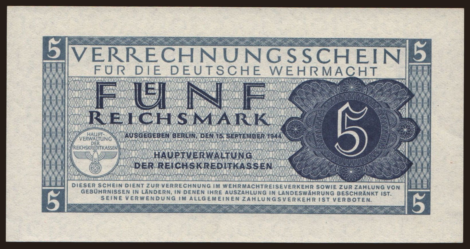 Wehrmacht, 5 Reichsmark, 1944