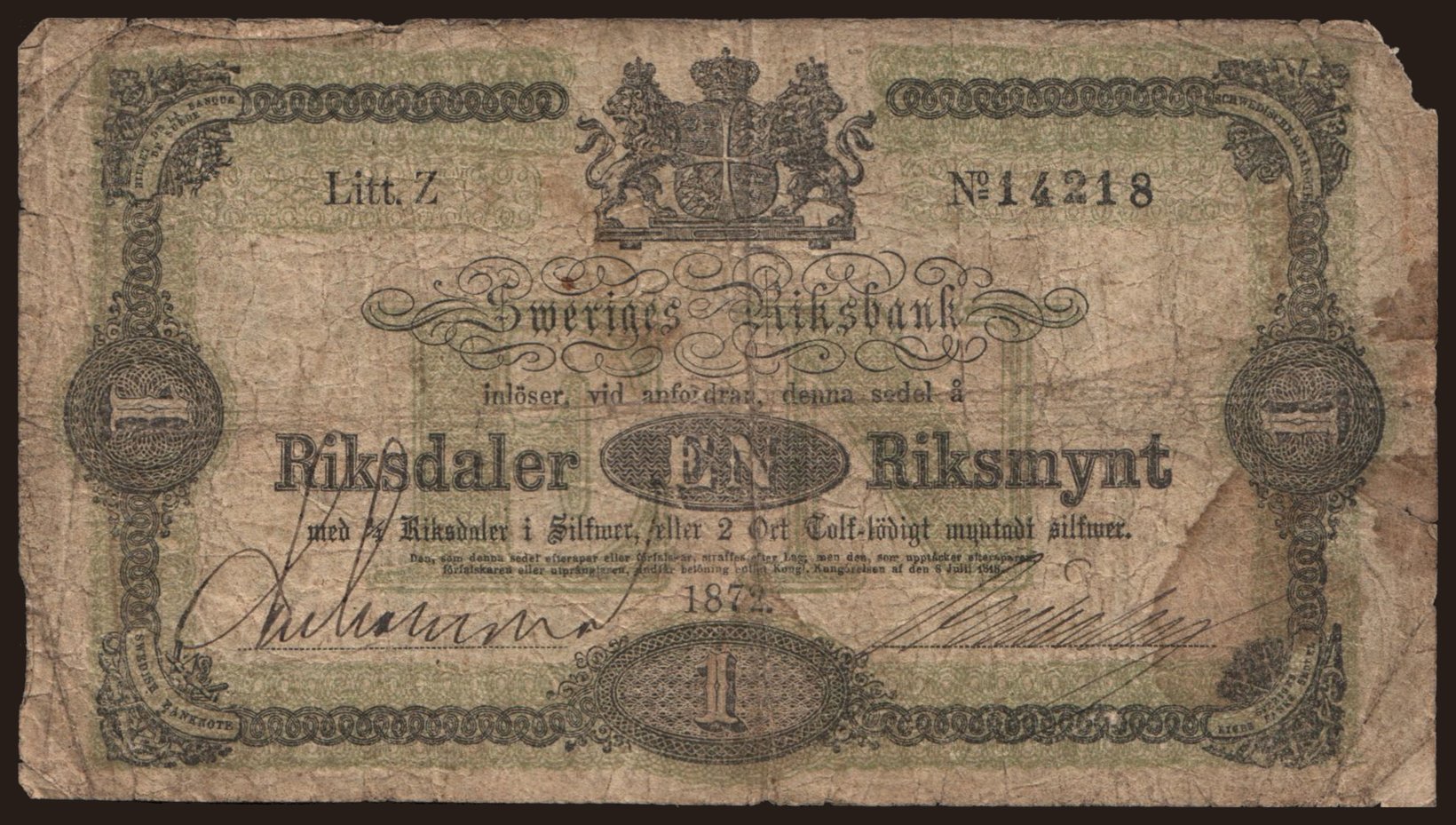 1 riksdaler, 1872