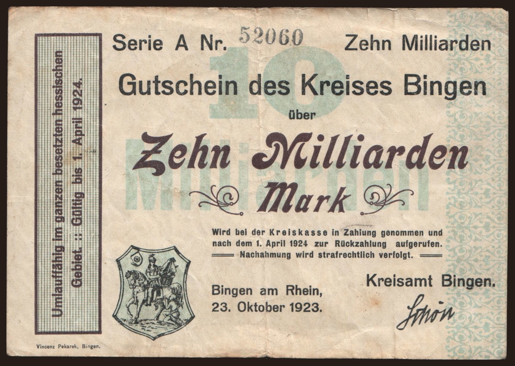 Bingen am Rhein/ Kreisamt, 10.000.000.000 Mark, 1923