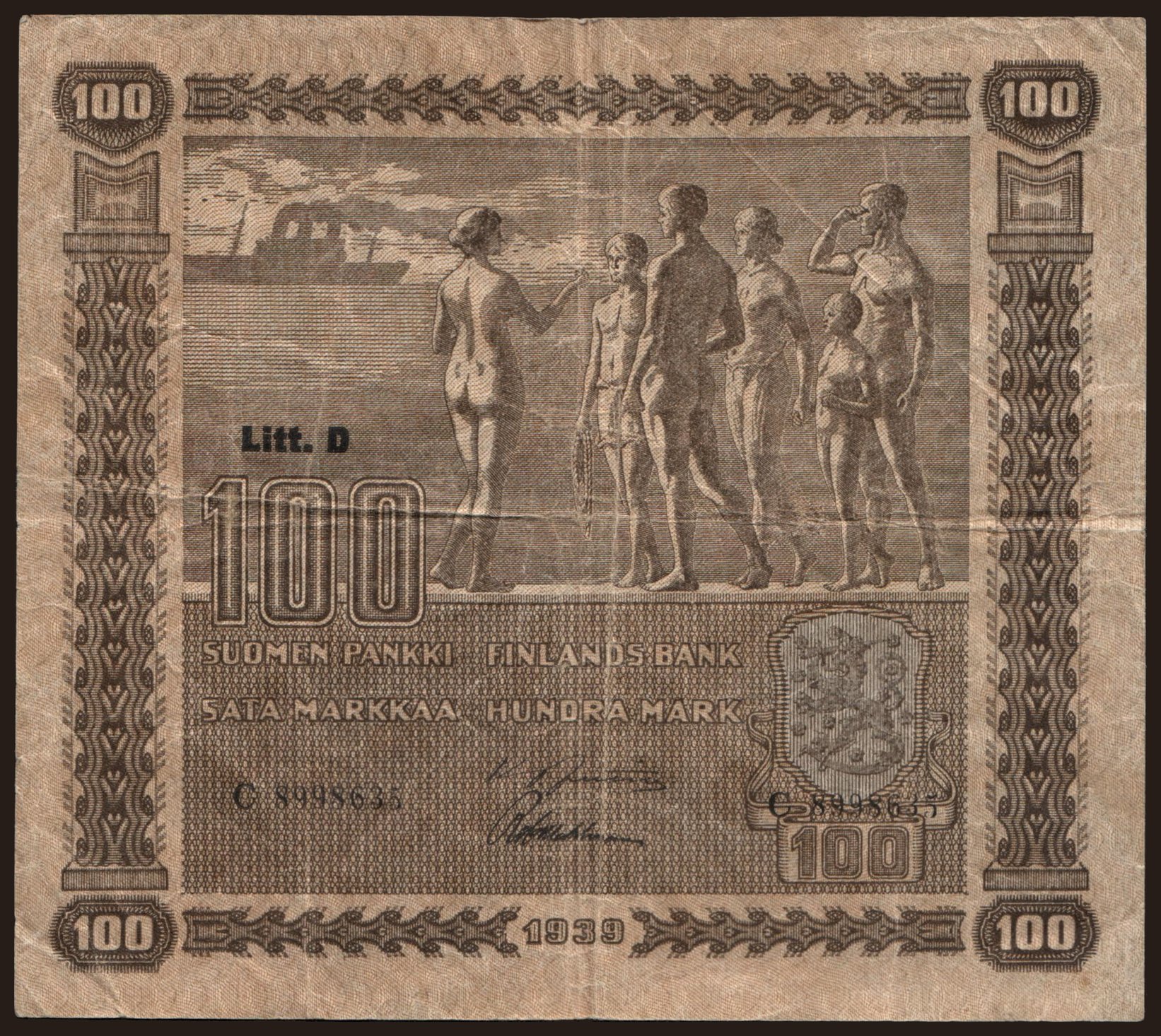 100 markkaa, 1939, Litt. D