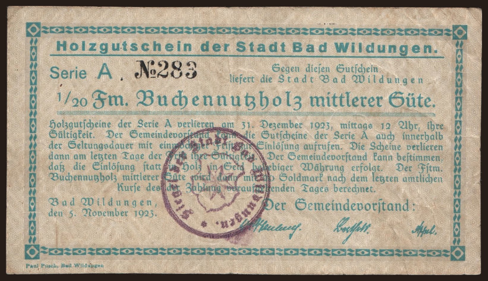 Bad Wildungen/ Stadt, 1/20 Festmeter Buchennutzholz, 1923
