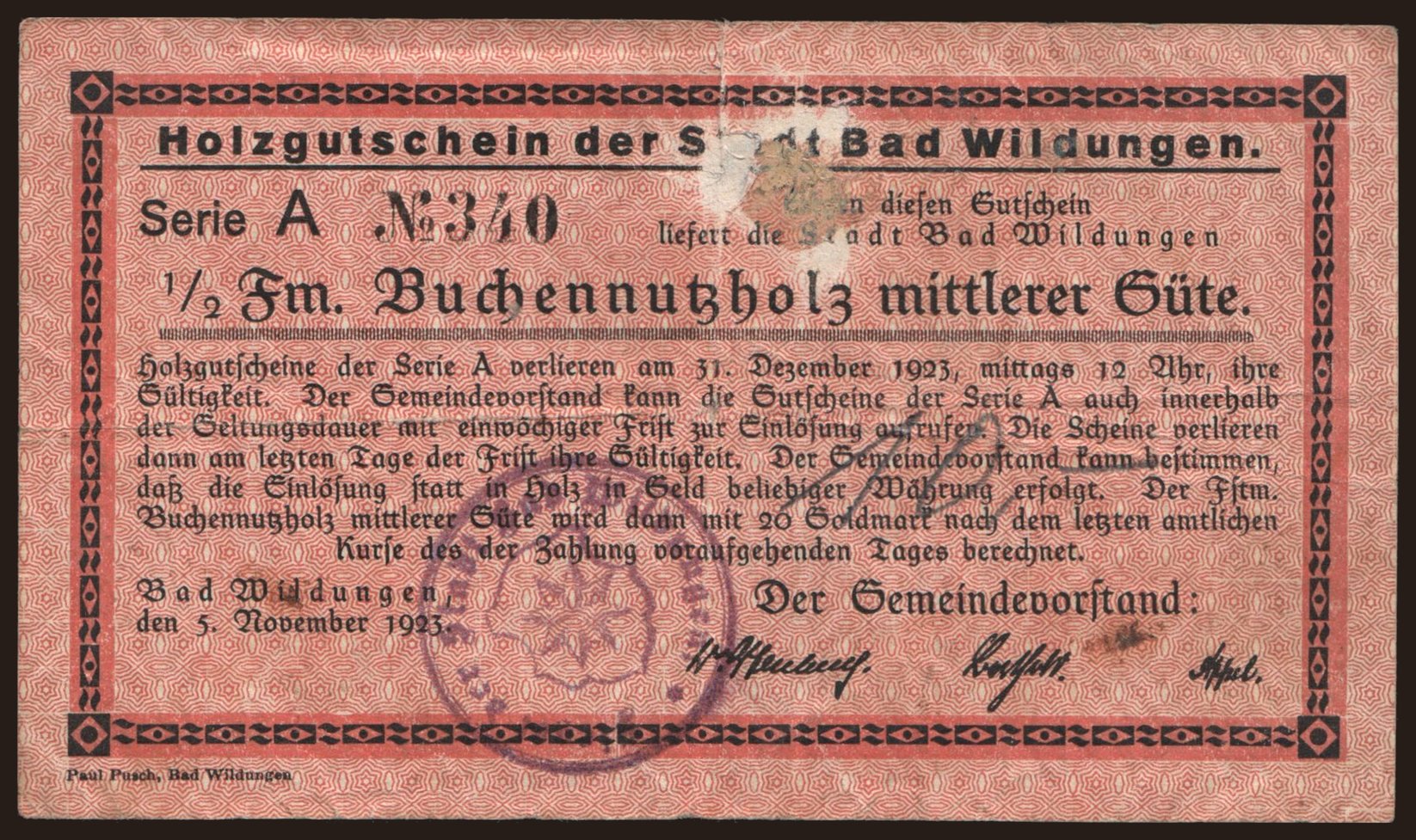 Bad Wildungen/ Stadt, 1/2 Festmeter Buchennutzholz, 1923