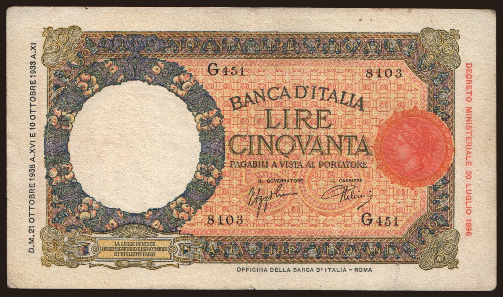 50 lire, 1938