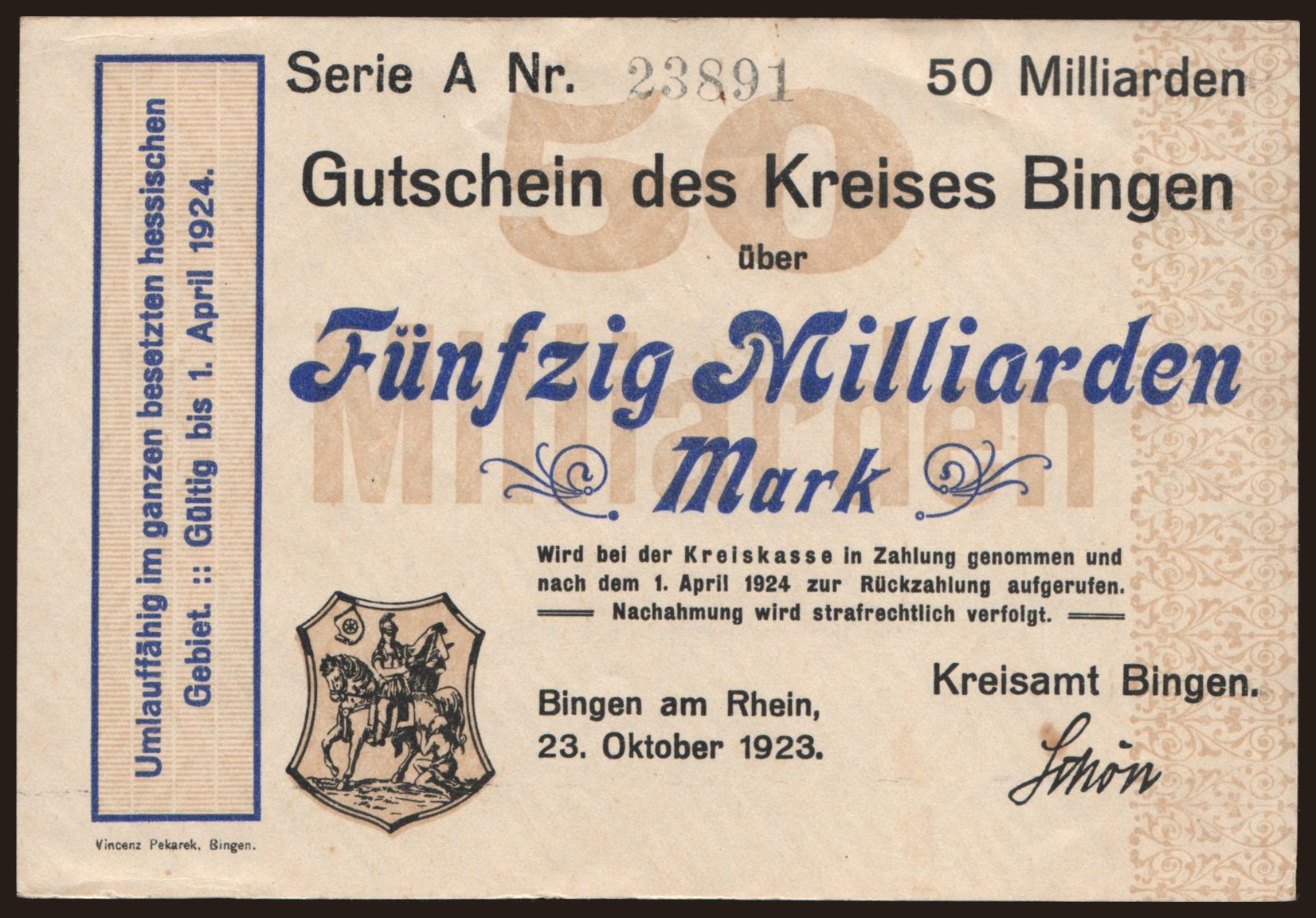 Bingen/ Kreisamt, 50.000.000.000 Mark, 1923
