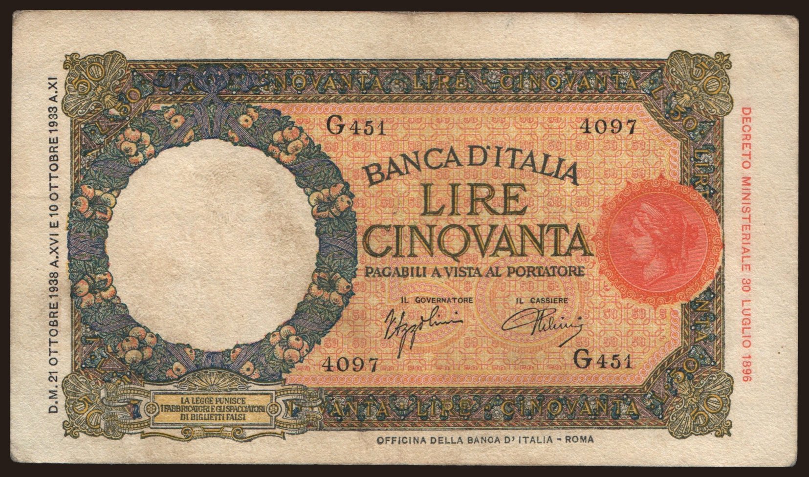 50 lire, 1938