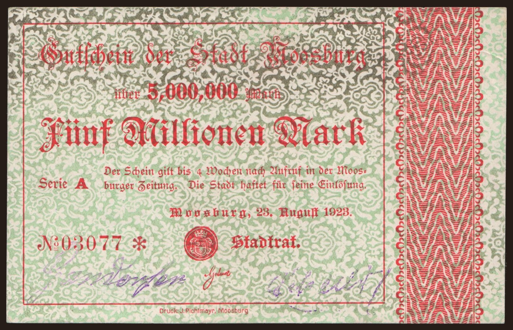 Moosburg/ Stadt, 5.000.000 Mark, 1923