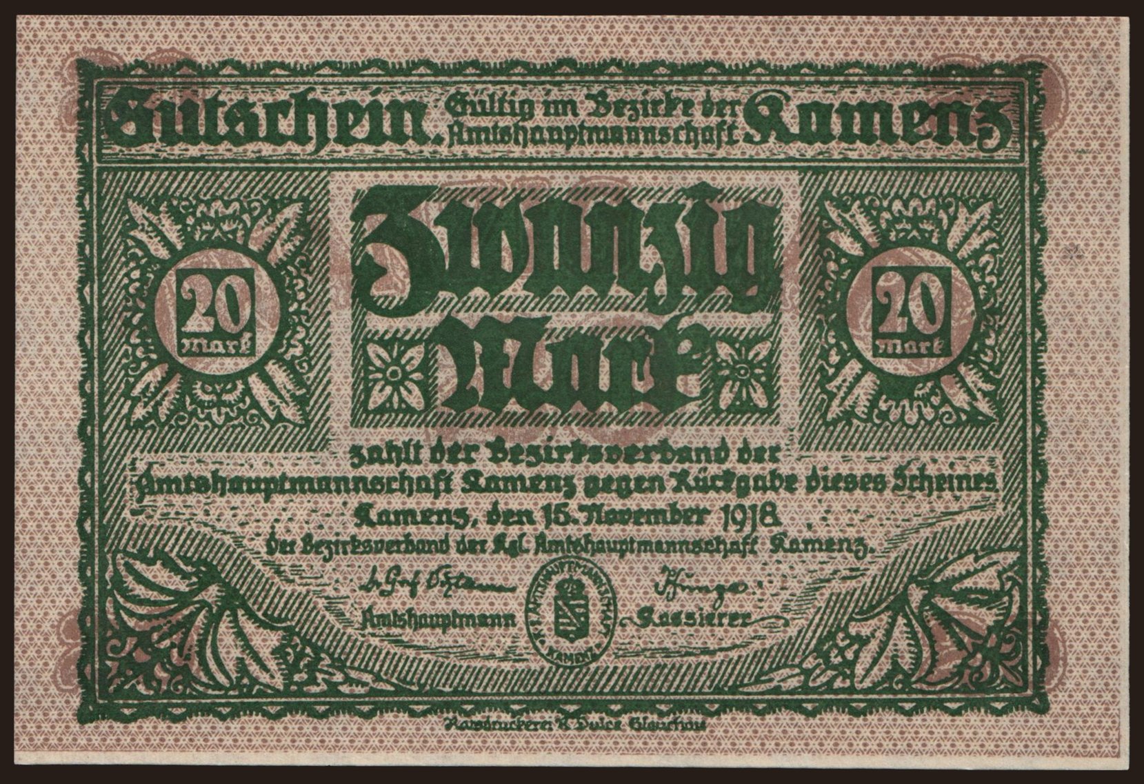Kamenz/ Amtshauptmannschaft, 20 Mark, 1918