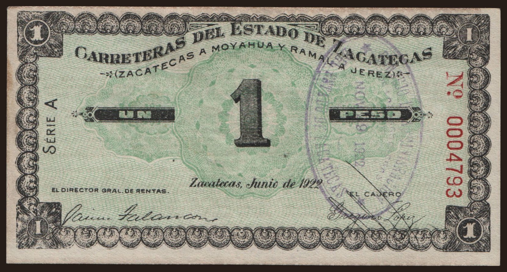 Carreteras del Estado de Zacatecas, 1 peso, 1922