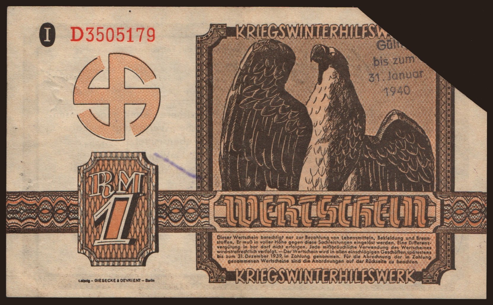Winterhilfswerk, 1 Reichsmark, 1939
