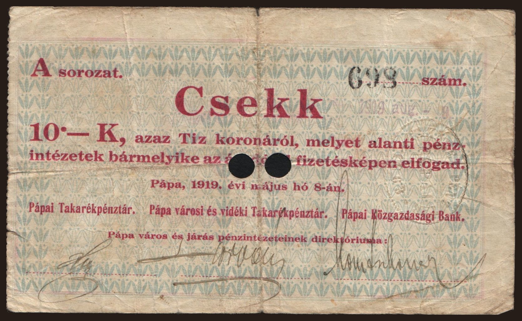 Pápa, 10 korona, 1919