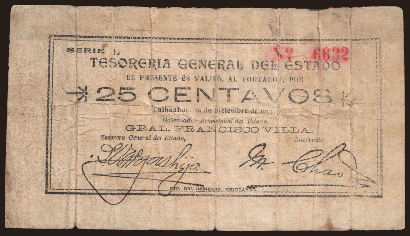 Tesoreria General Estado De Chihuahua, 25 Centavos, 1913