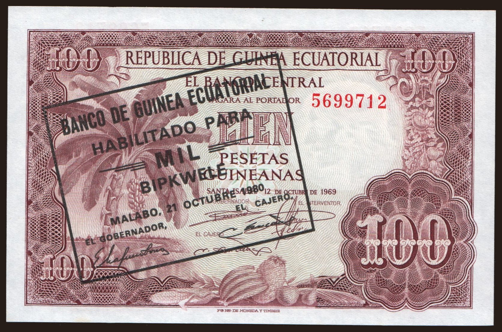100 pesetas/ 1000 bipkwele, 1969(80)
