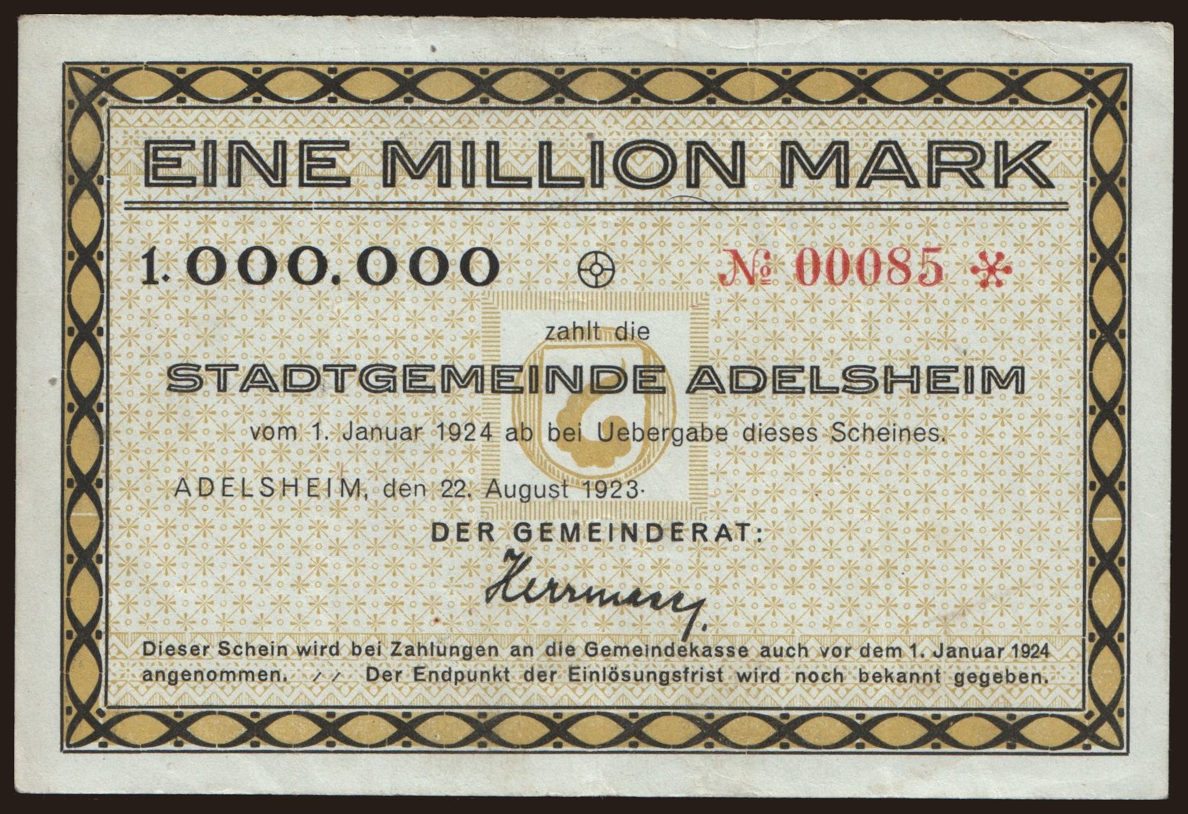 Adelsheim/ Stadtgemeinde, 1.000.000 Mark, 1923