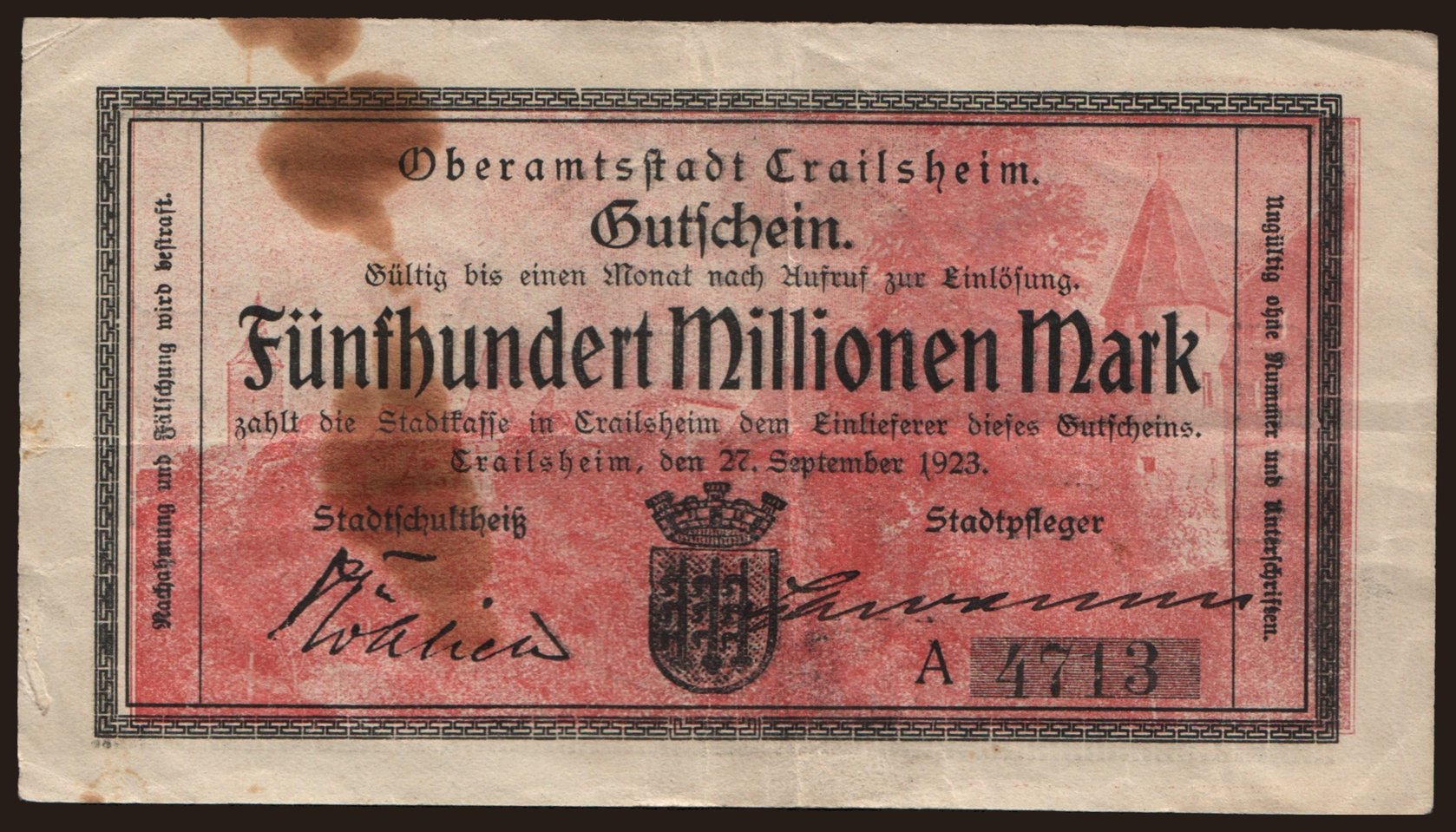 Crailsheim/ Oberamtstadt, 10.000.000 Mark, 1923