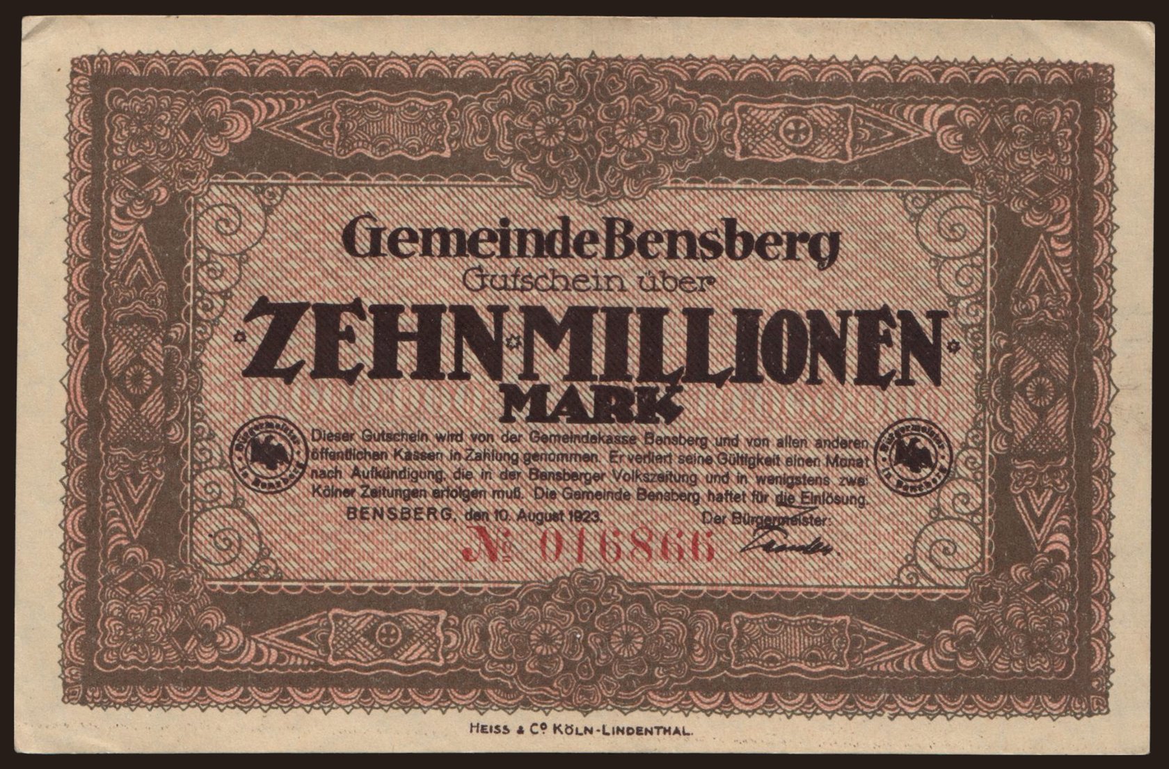 Bensberg/ Gemeinde, 10.000.000 Mark, 1923