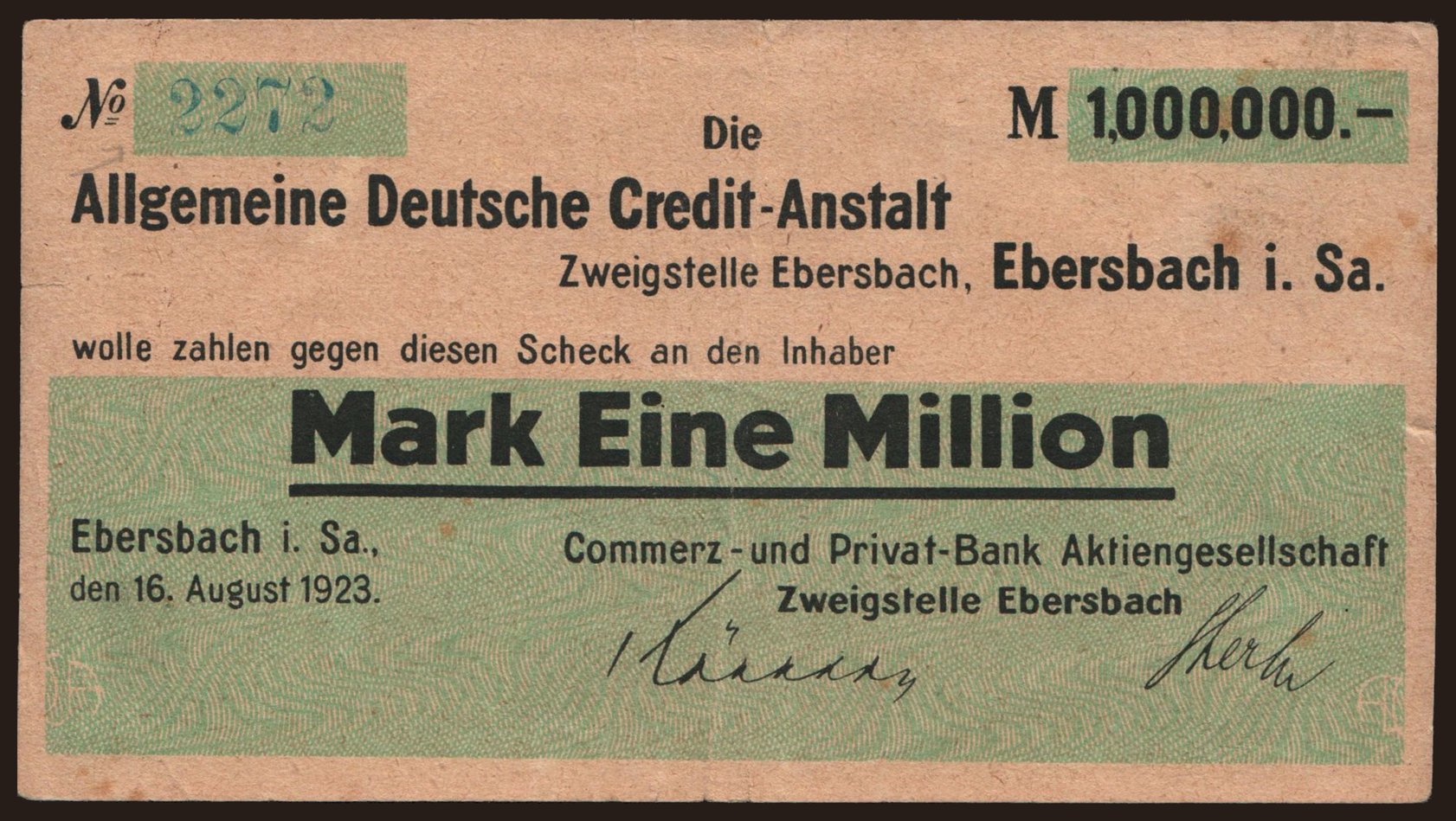 Ebersbach/ Commerz- u. Privatbank, 1.000.000 Mark, 1923