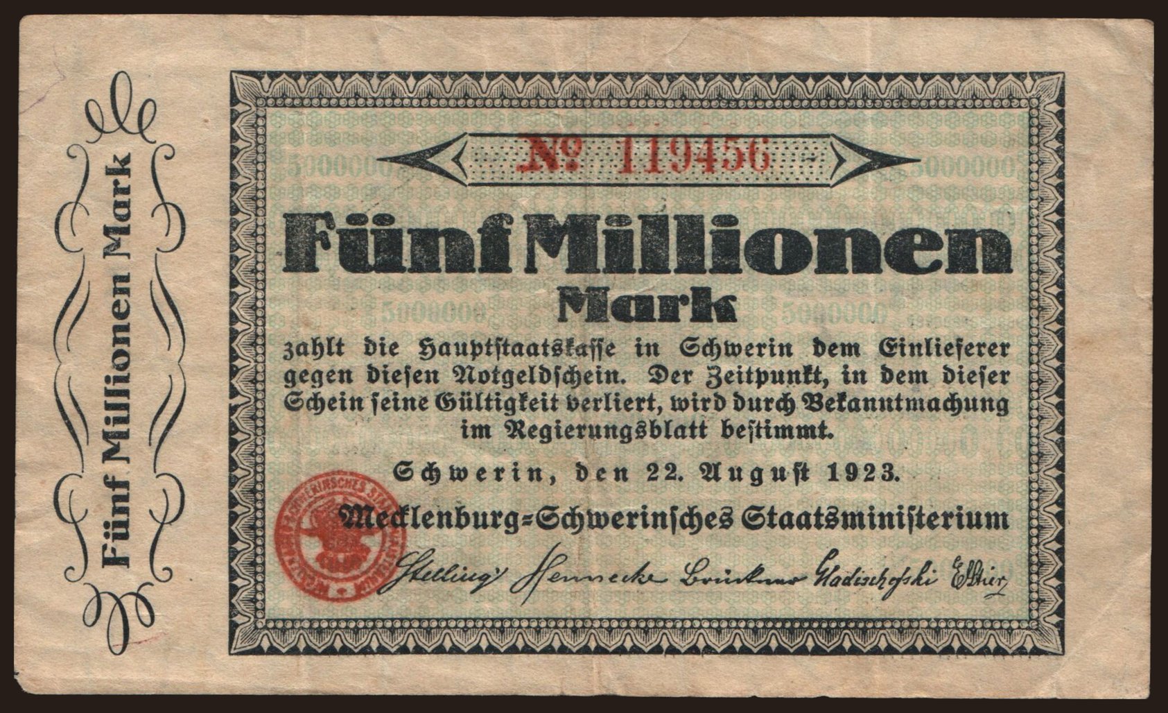 Schwerin/ Mecklenburg-Schwerinsches Staatsministerium, 5.000.000 Mark, 1923