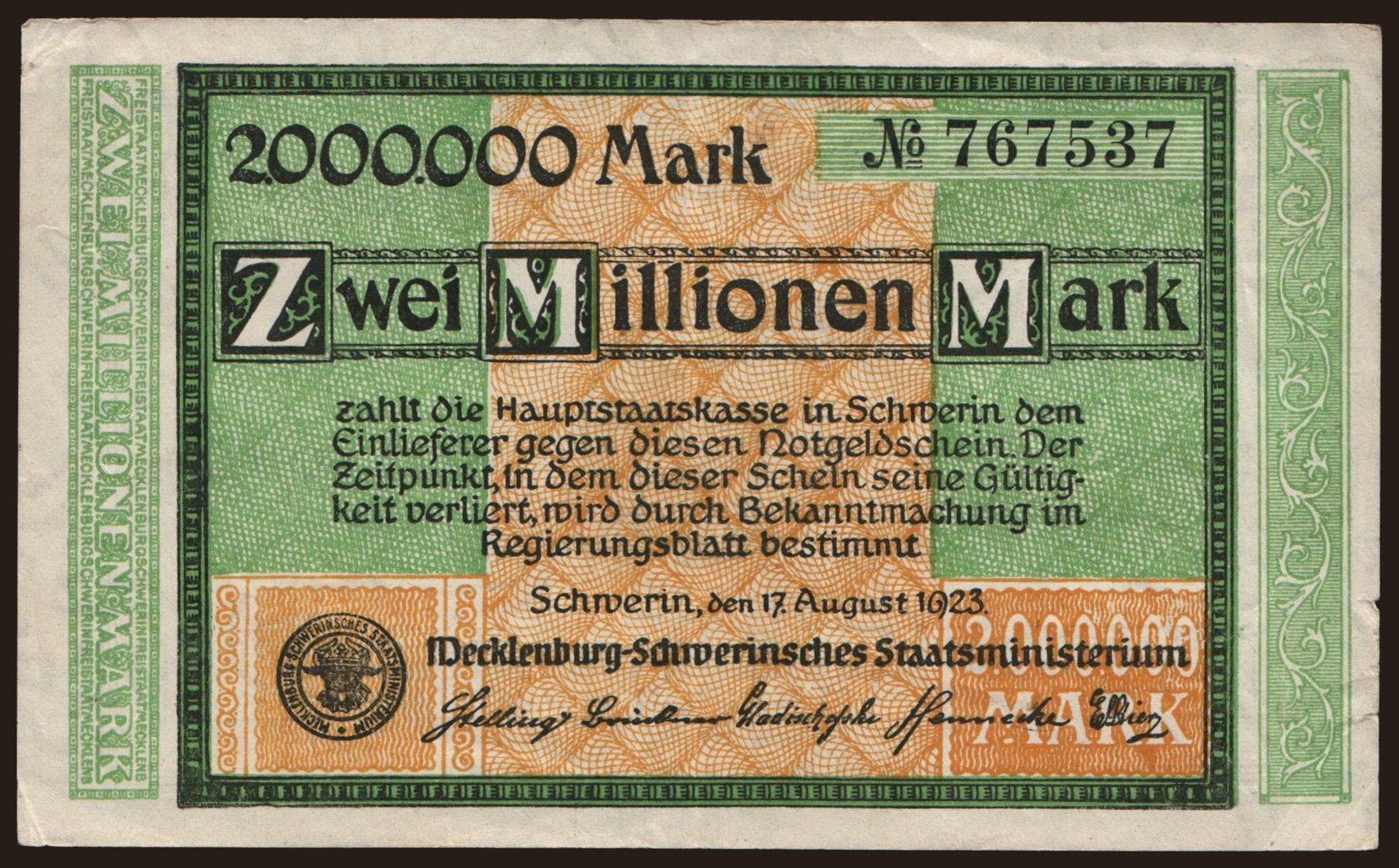 Schwerin/ Mecklenburg-Schwerinsches Staatsministerium, 2.000.000 Mark, 1923
