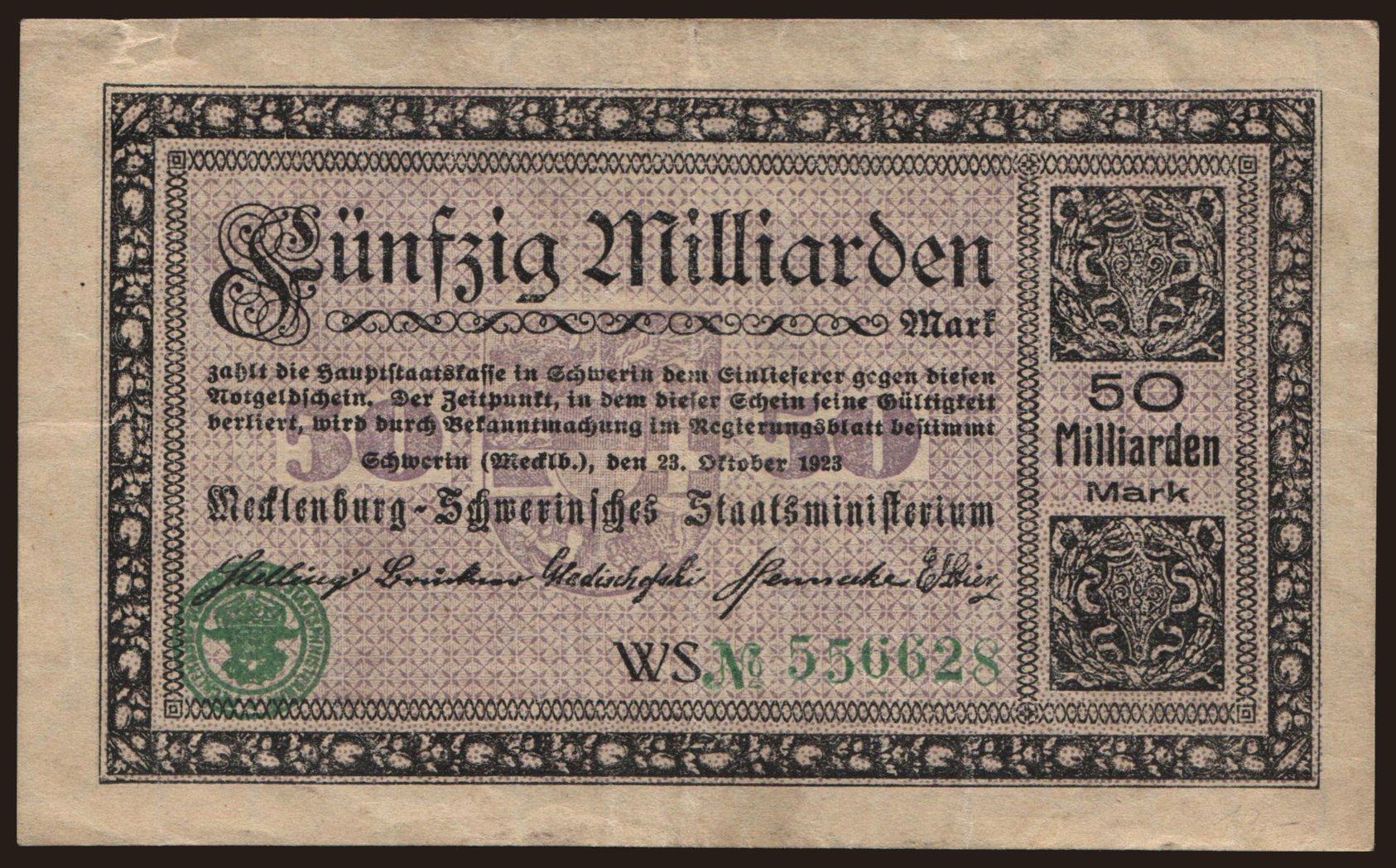 Schwerin/ Mecklenburg-Schwerinsches Staatsministerium, 50.000.000.000 Mark, 1923