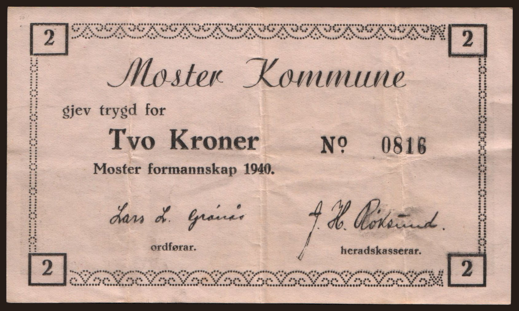 Moster Kommune, 2 kronen, 1940