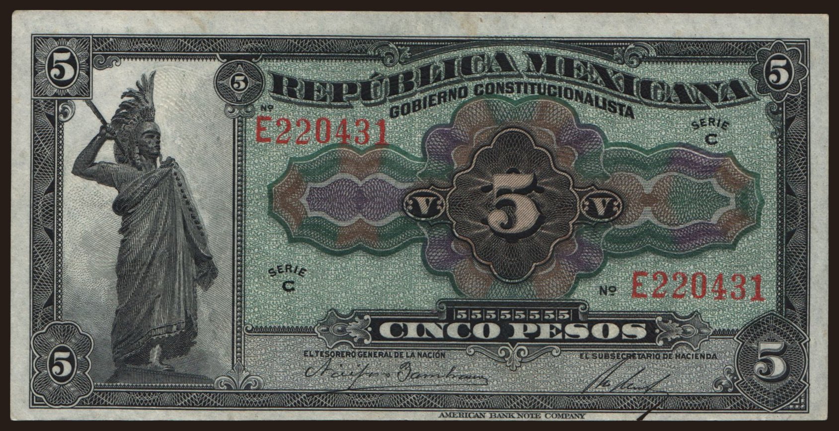 Gobierno Constitucionalista, Republica Mexicana, 5 pesos, 1915