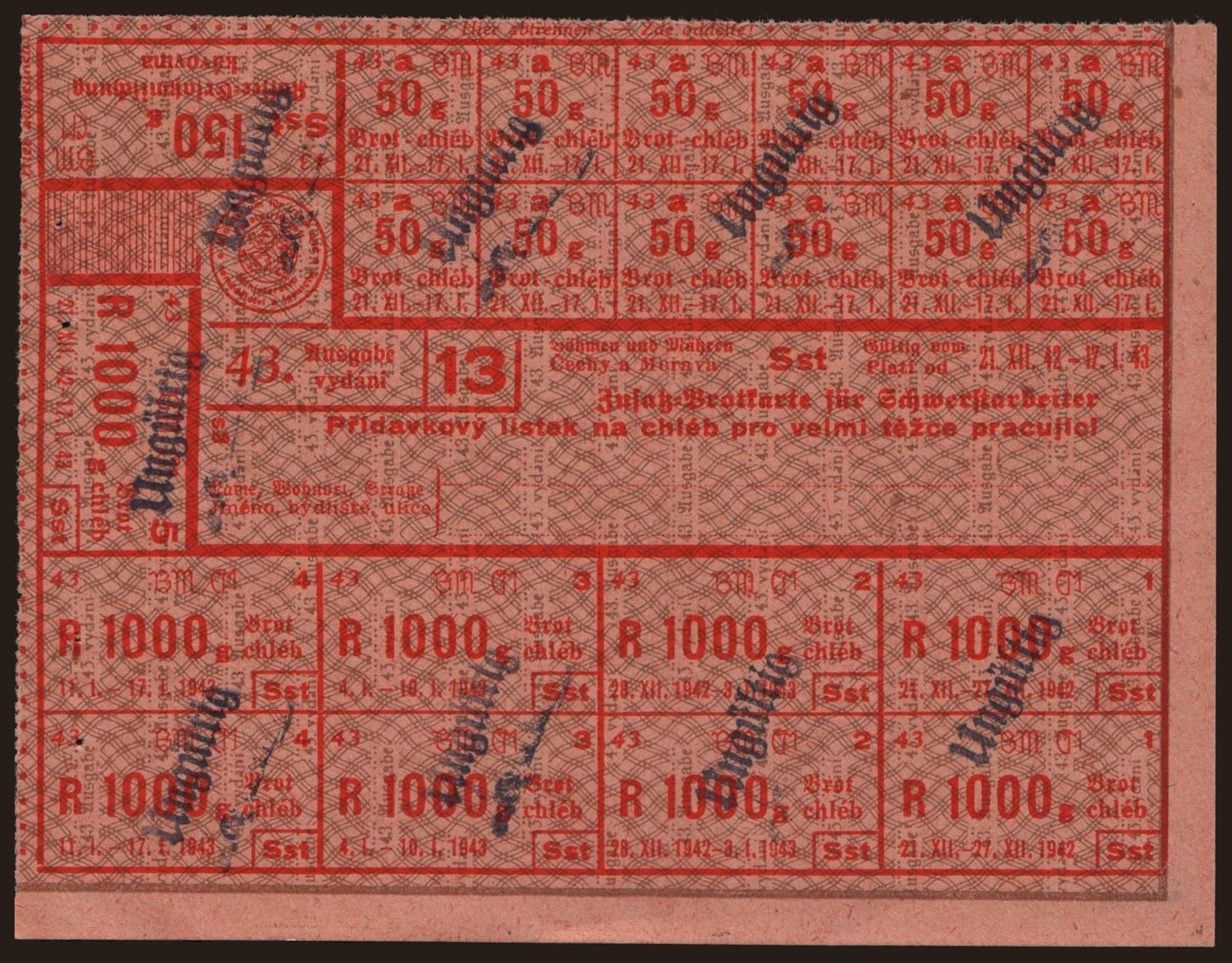 Zusatz-Brotkarte für Schwerstarbeiter - Přídavkový lístek na chléb pro velmi těžce pracujíci, 1942