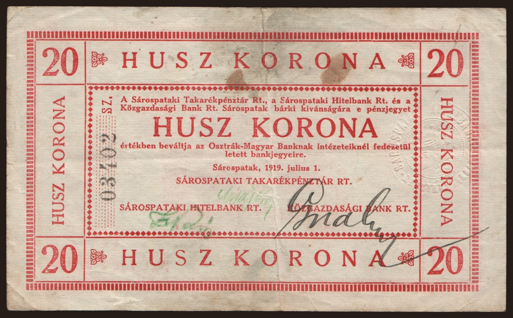 Sárospatak, 20 korona, 1919