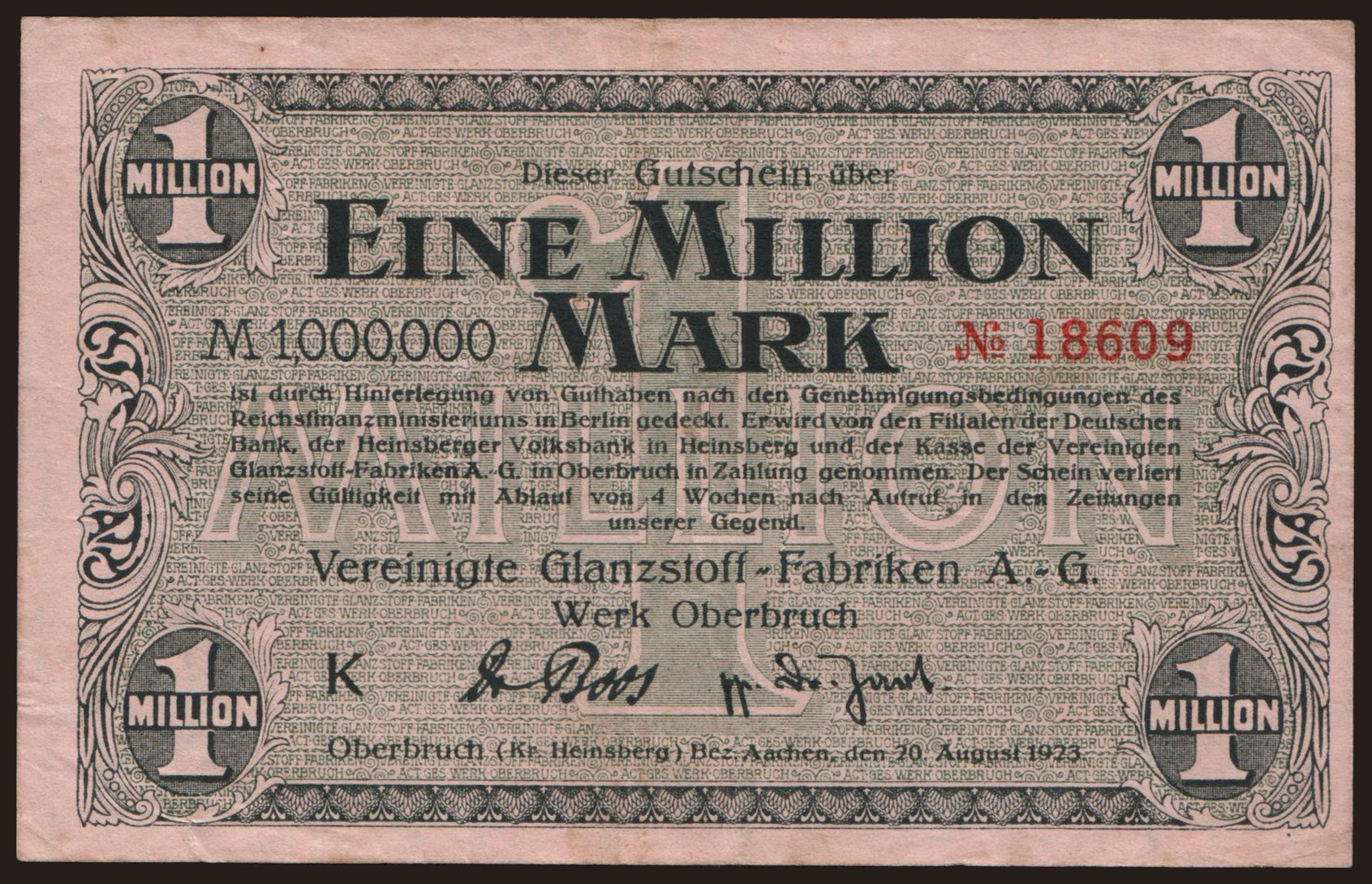 Oberbruch/ Vereinigte Glanzstoff-Fabriken A.G., 1.000.000 Mark, 1923