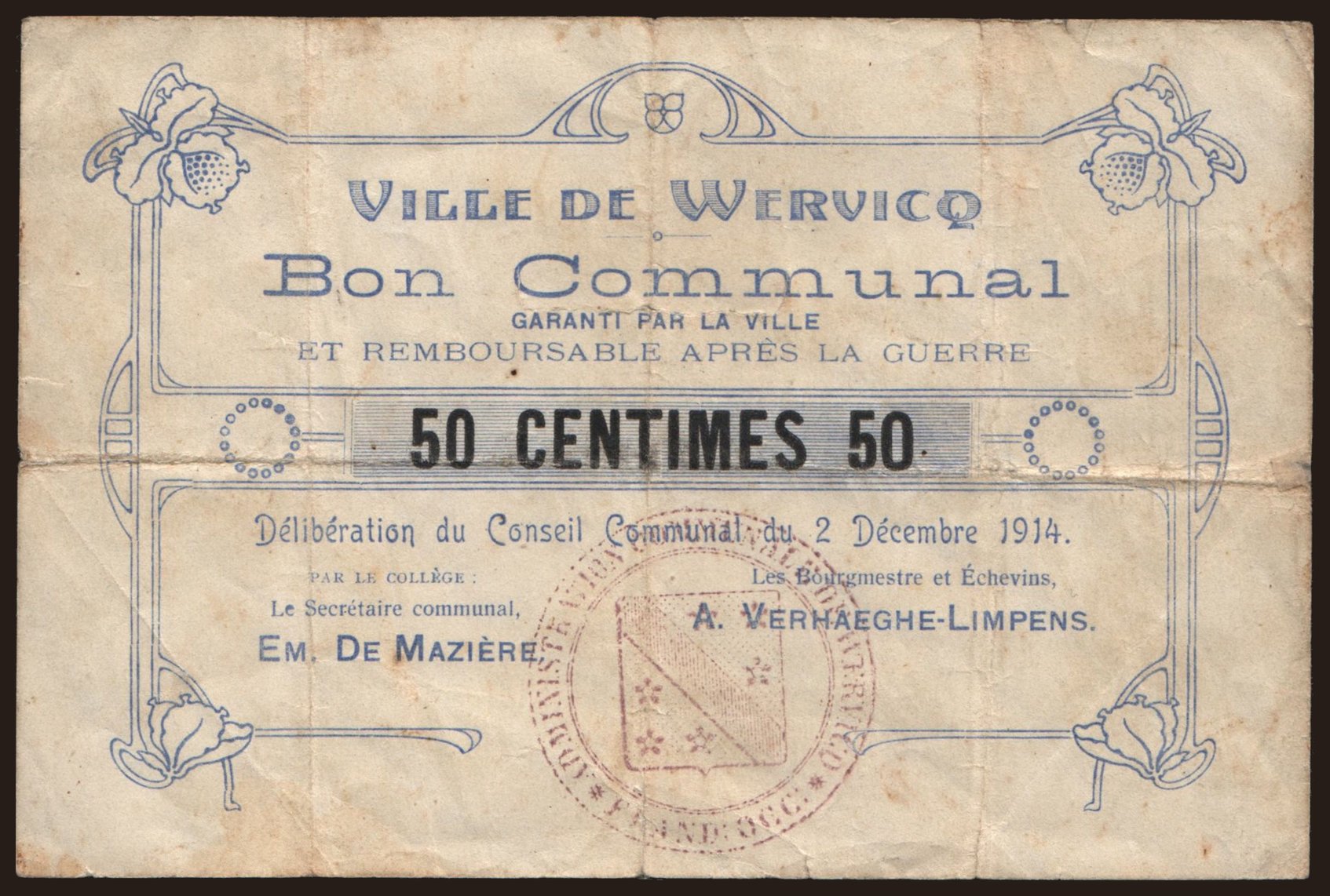 Wervicq, 50 centimes, 1914