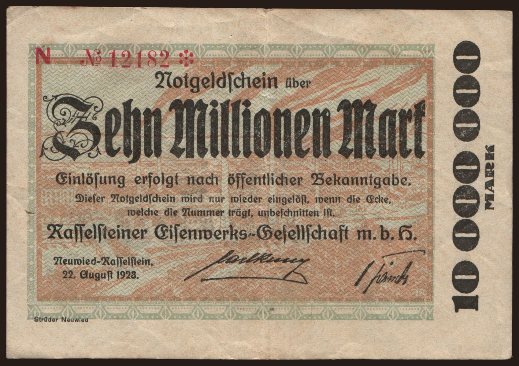Neuwied-Rasselstein/ Rasselsteiner Eisenwerks - Gesellschaft m.b.H., 10.000.000 Mark, 1923