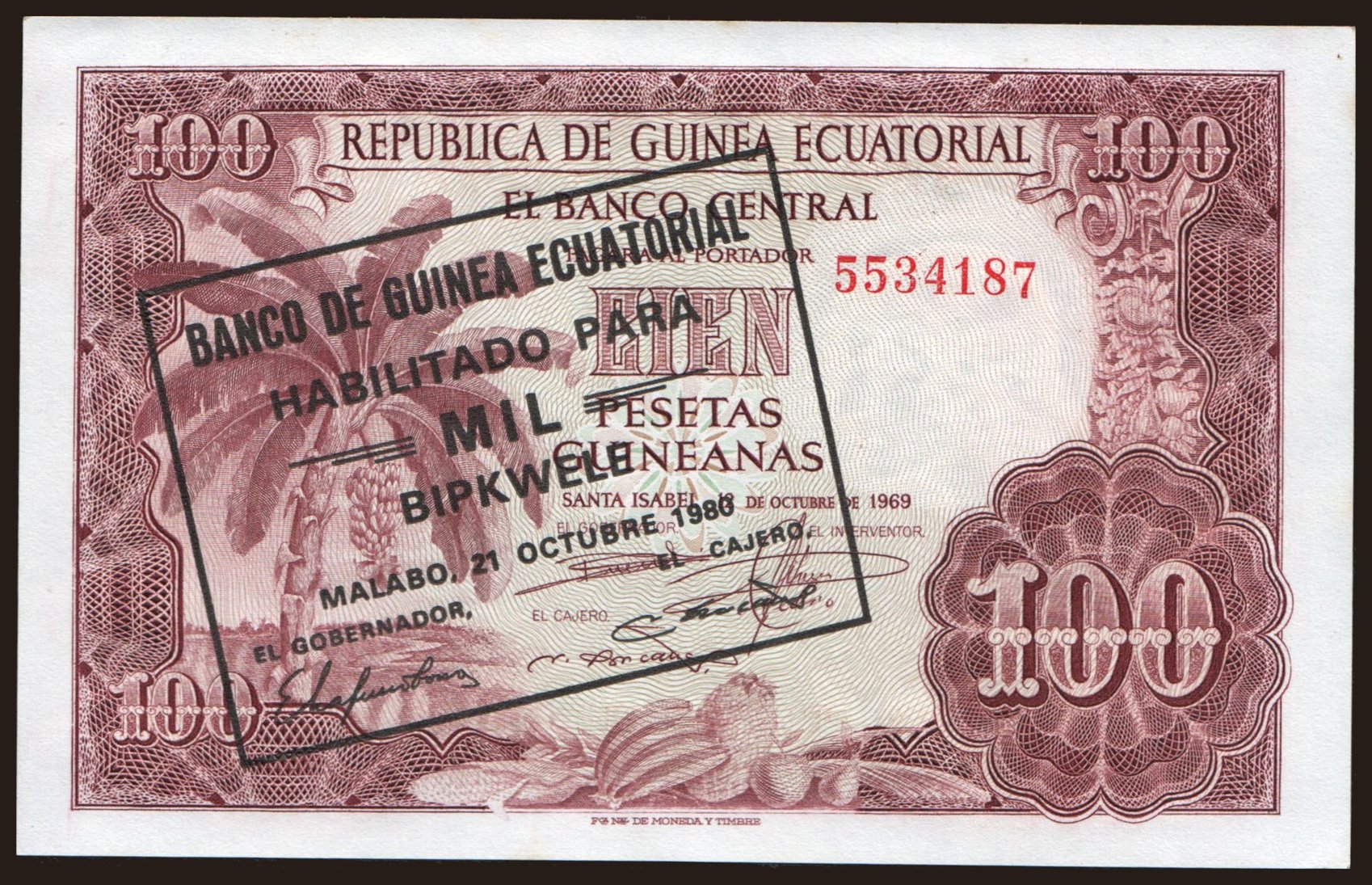 100 pesetas/ 1000 bipkwele, 1969(80)
