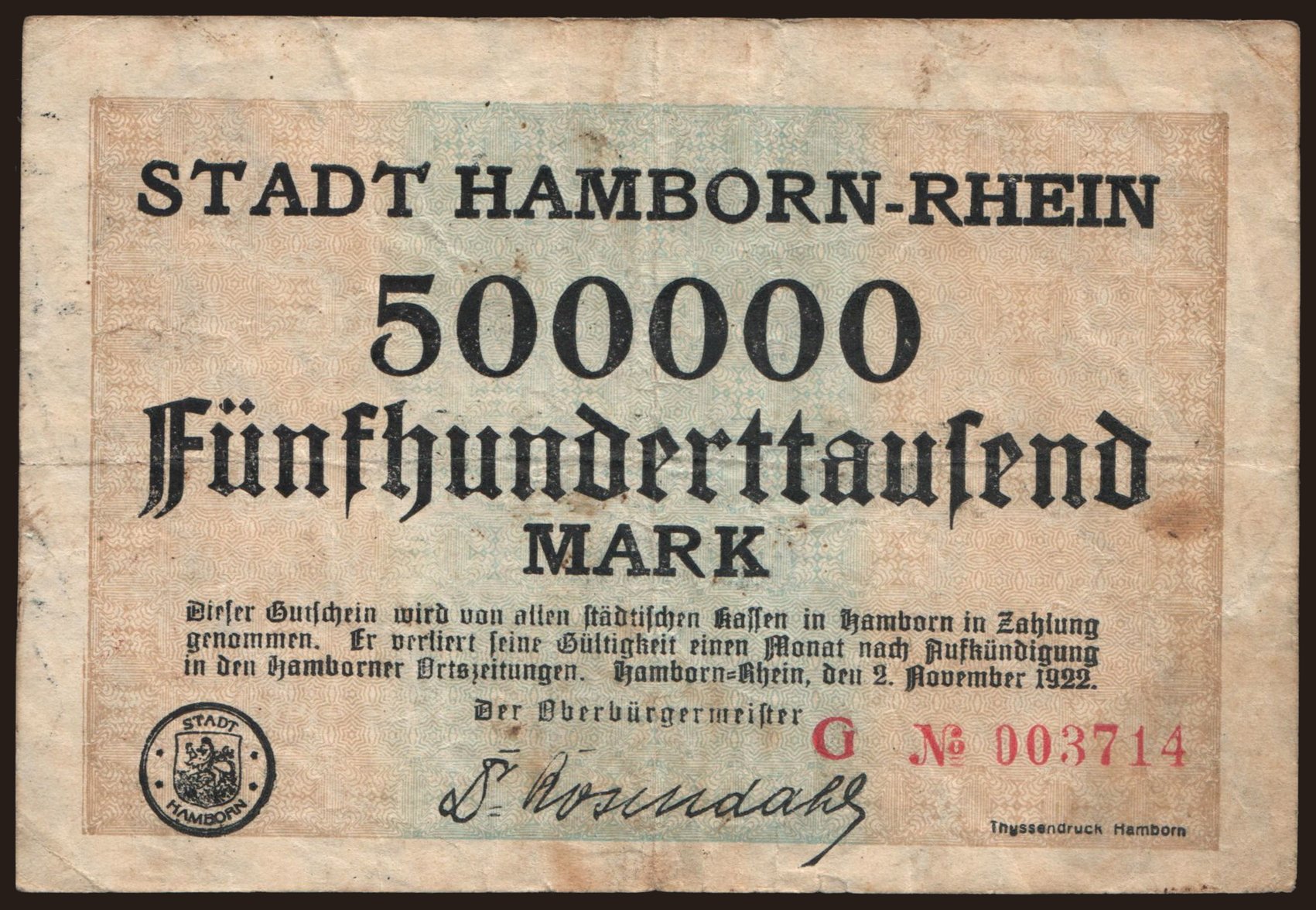 Hamborn/ Stadt, 500.000 Mark, 1923