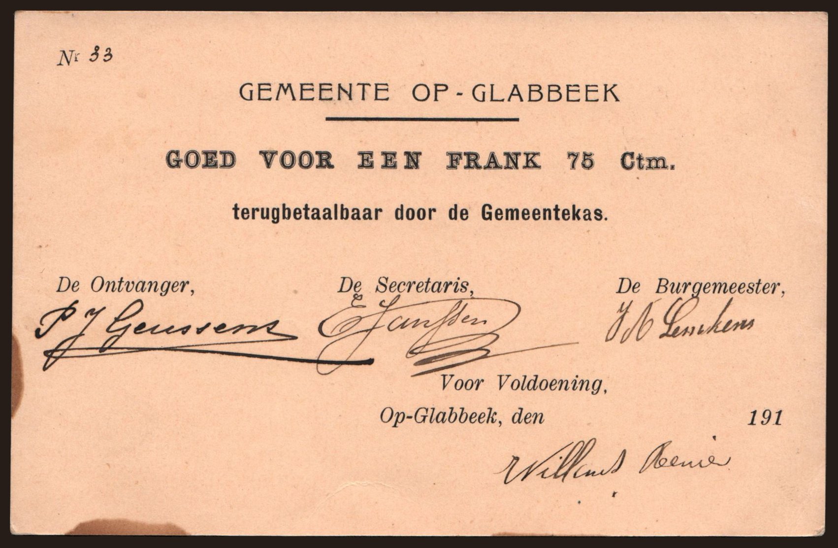 Op-Glabeek, 1 frank 75 centiemen, 191?