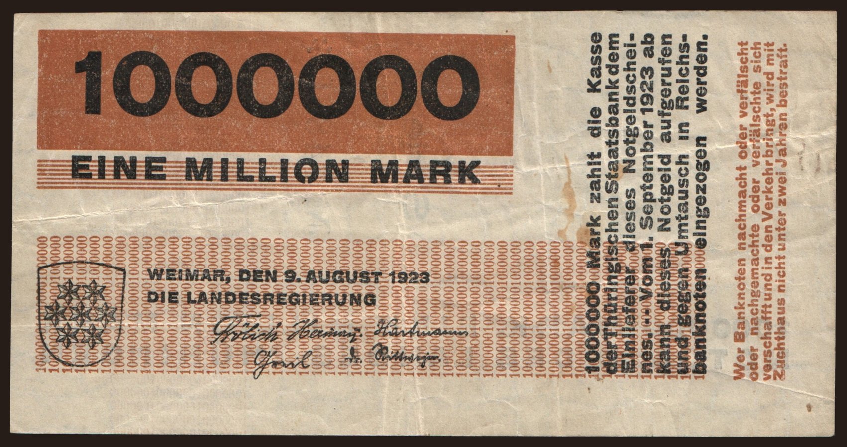 Weimar/ Landesregierung, 1.000.000 Mark, 1923