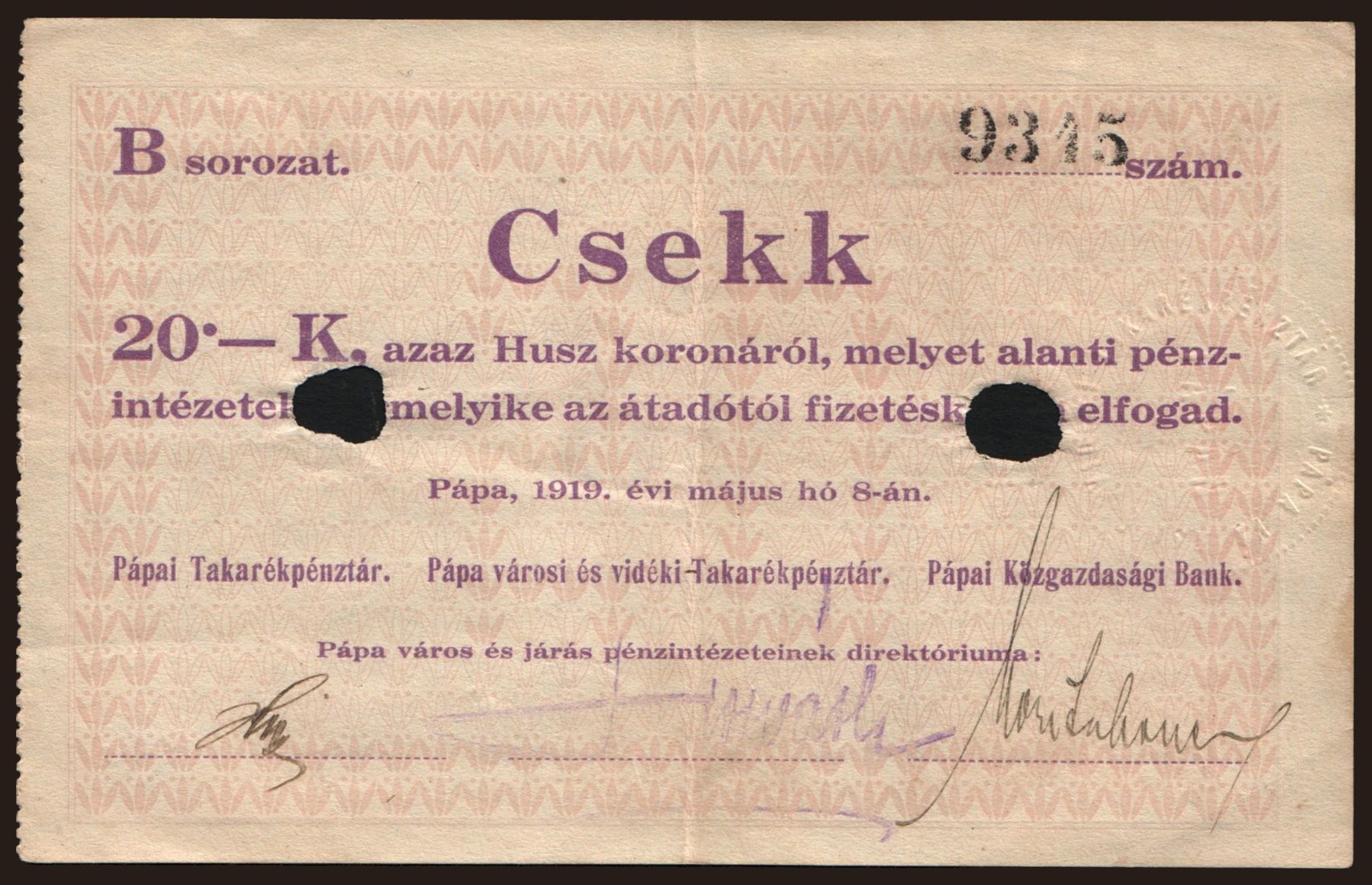 Pápa, 20 korona, 1919