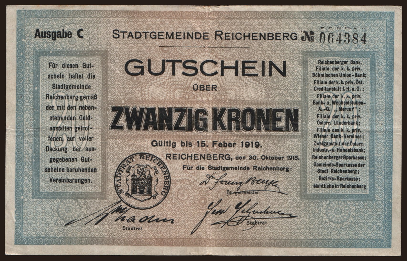 Reichenberg, 20 Kronen, 1918