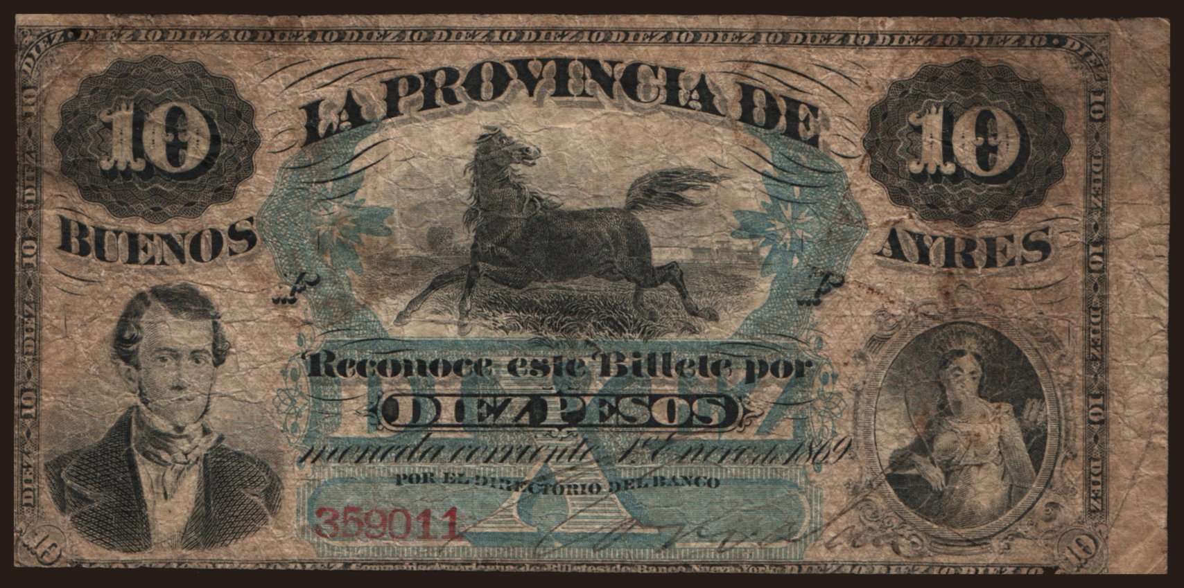 Buenos Ayres, 10 pesos, 1869