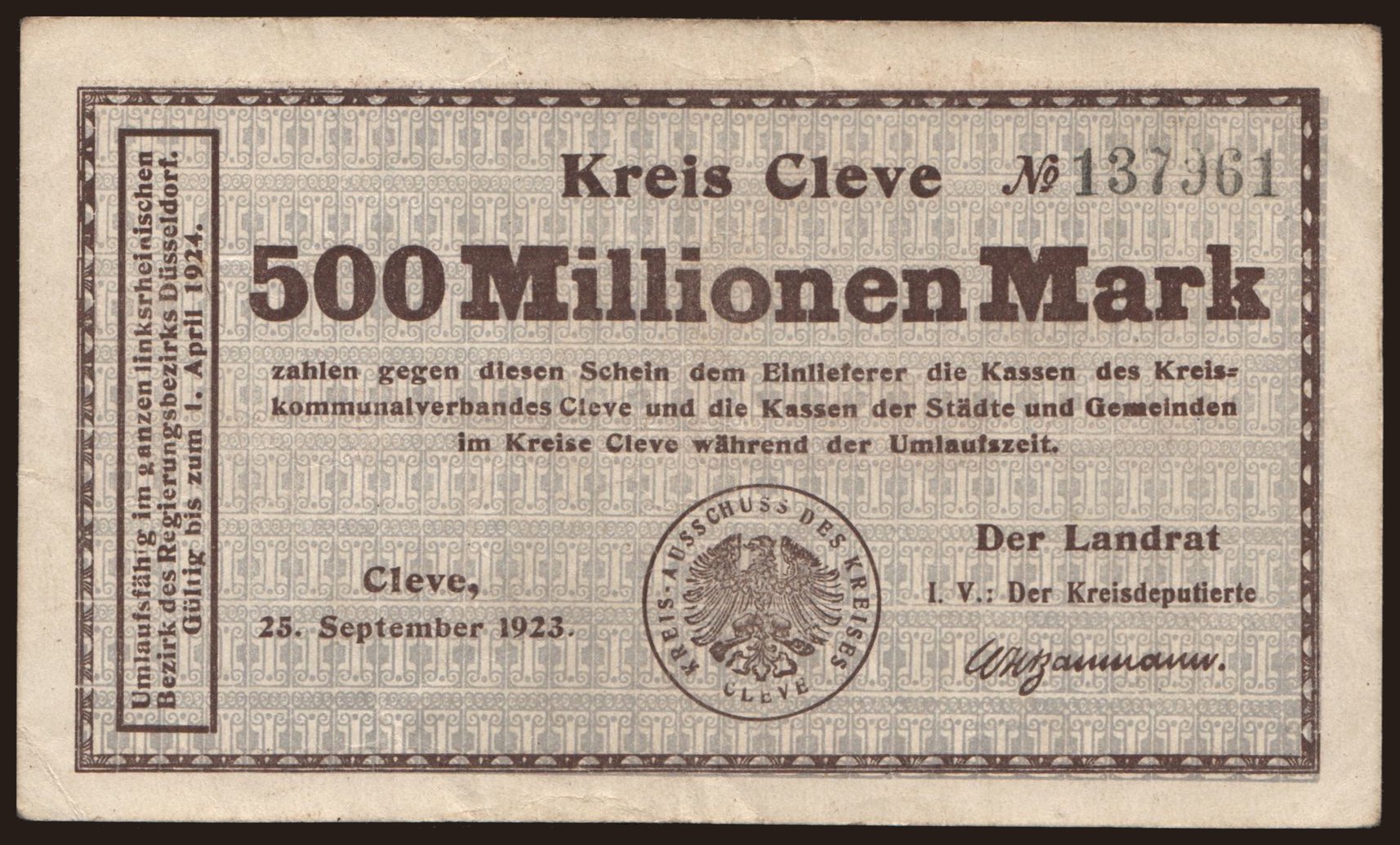 Cleve/ Kreis, 500.000.000 Mark, 1923