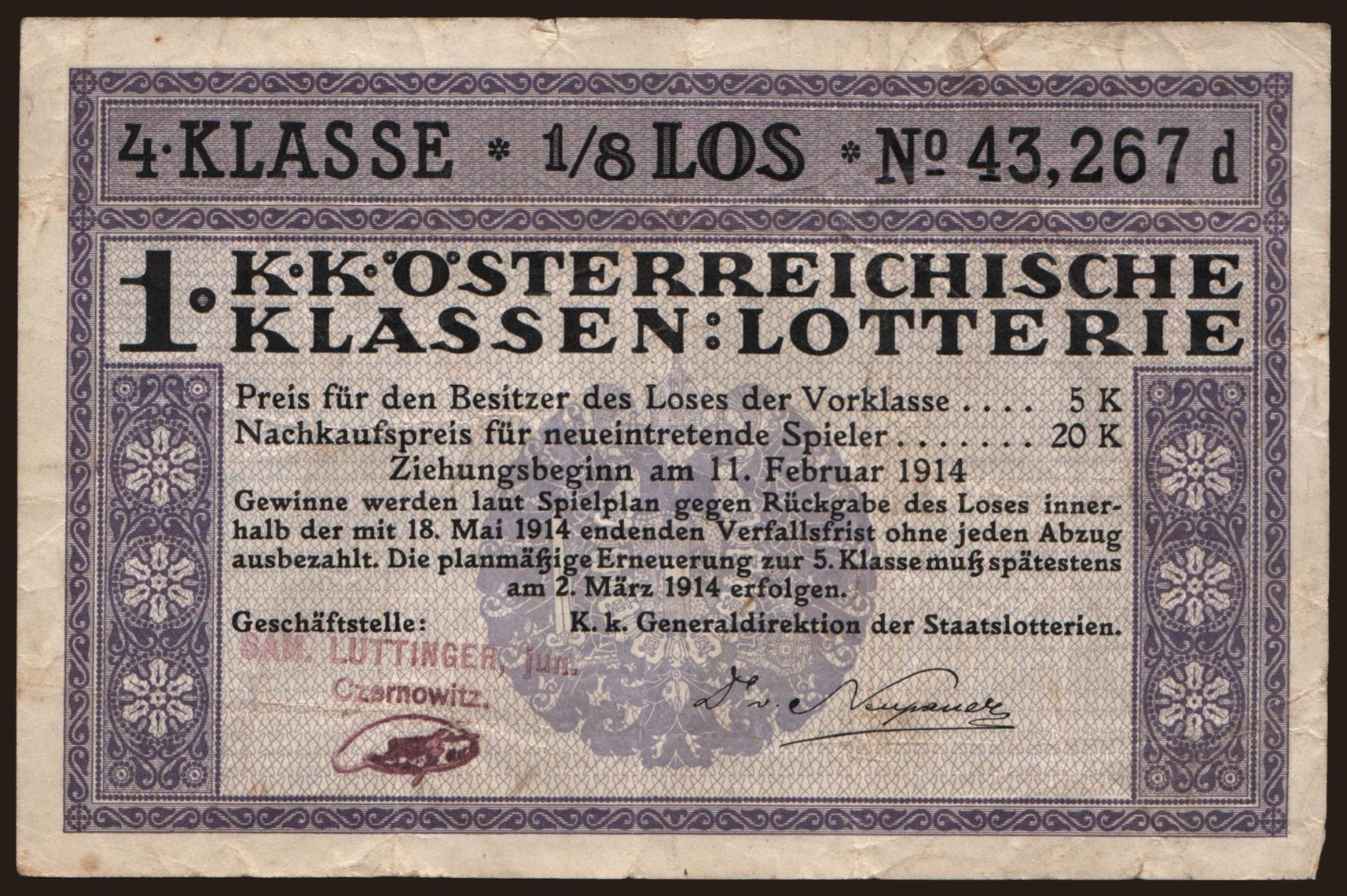 K.K. Österreichische Klassen-Lotterie, 1/8 Los, 1914