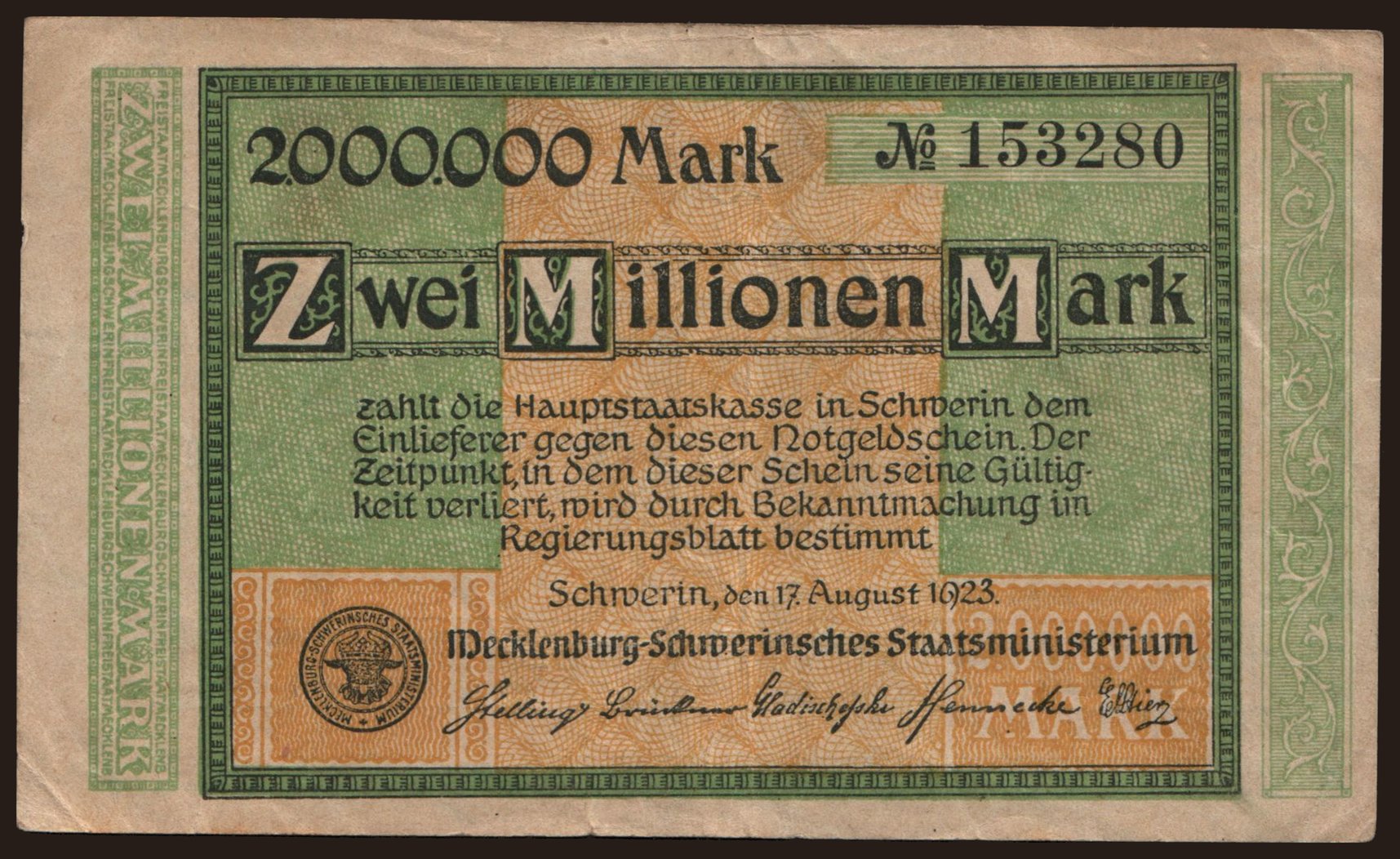 Schwerin/ Mecklenburg-Schwerinsches Staatsministerium, 2.000.000 Mark, 1923