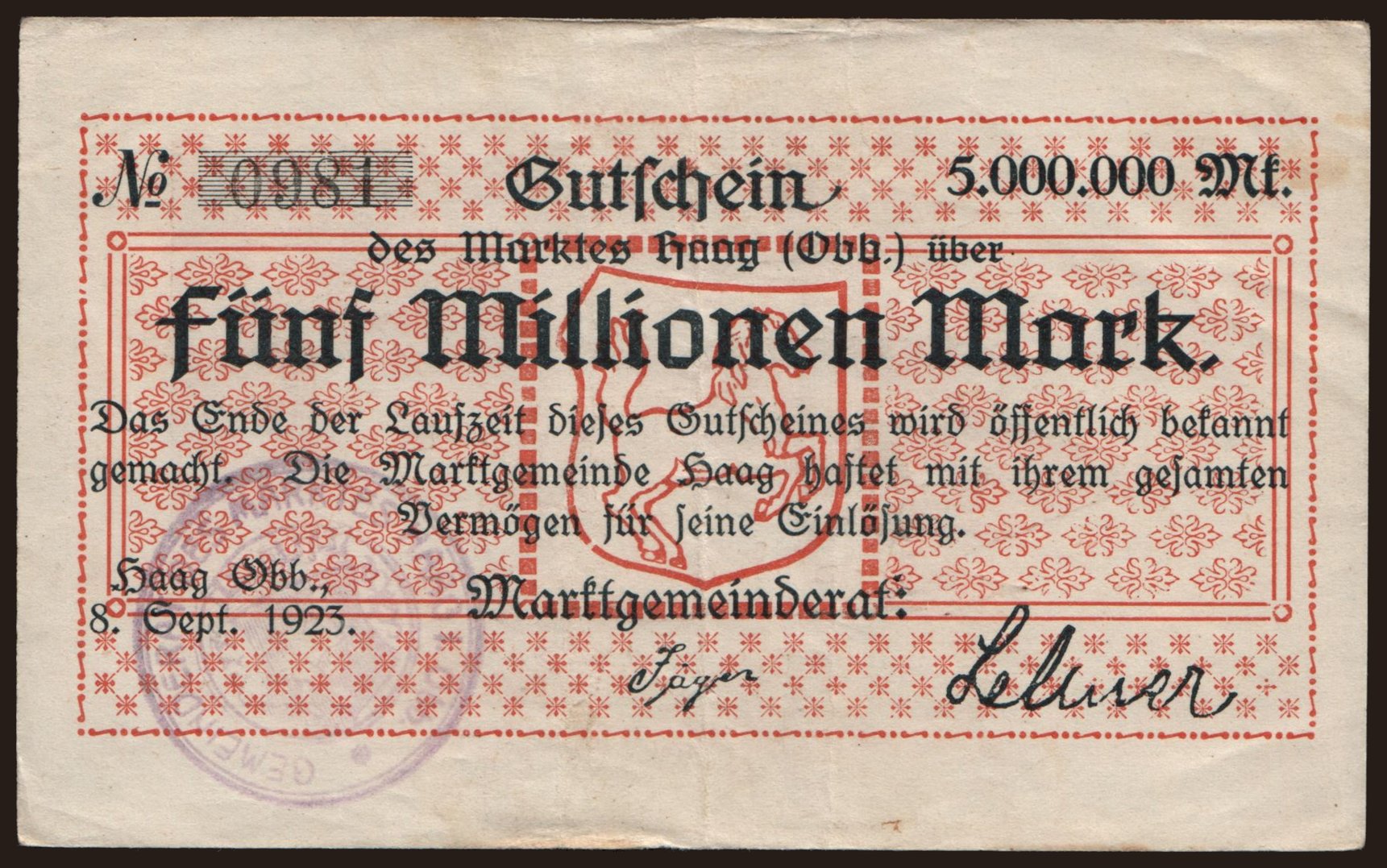 Haag/ Markt, 5.000.000 Mark, 1923
